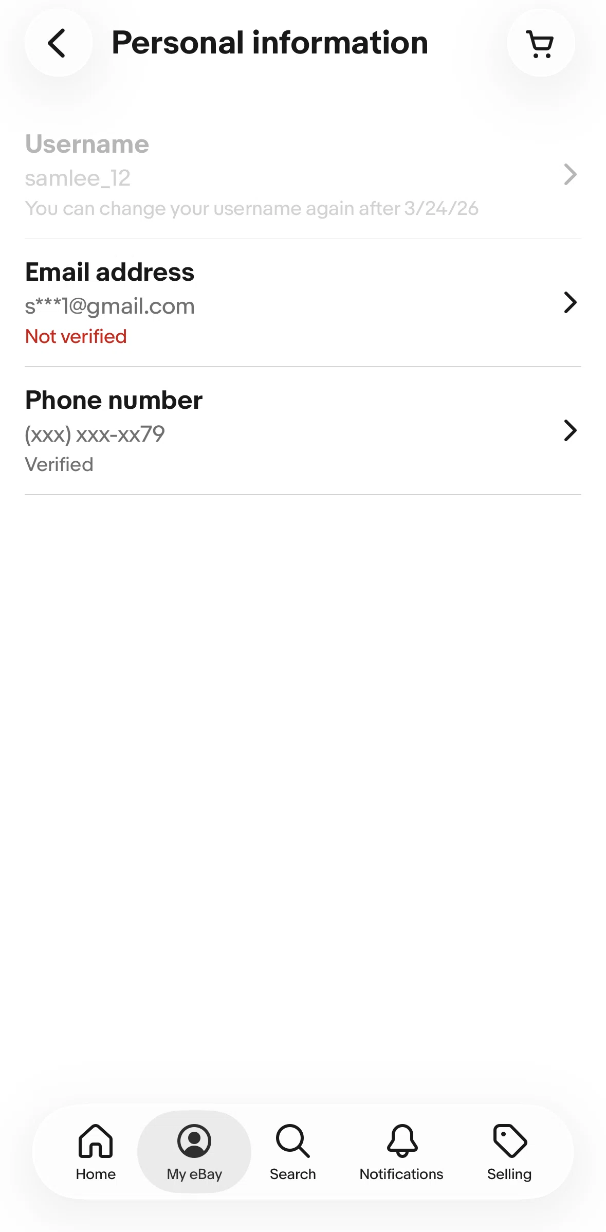 Ebay Screen screen in the Verifying an email flow