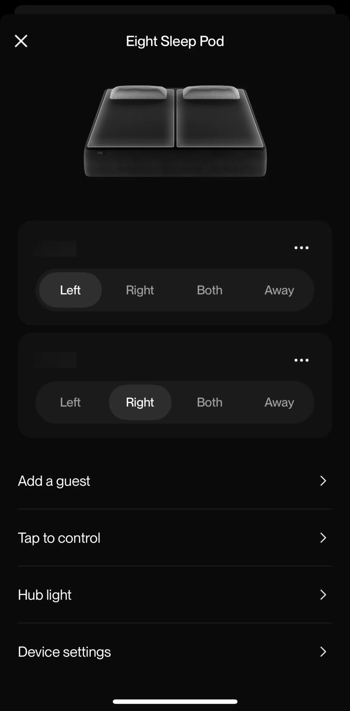 Eight Sleep Screen screen in the Hub light flow