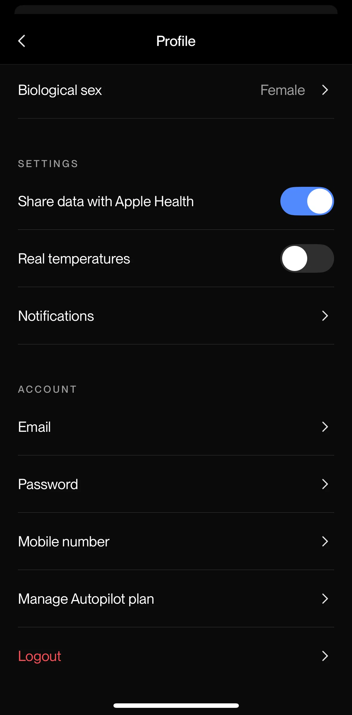 Eight Sleep Screen screen in the Logging out flow