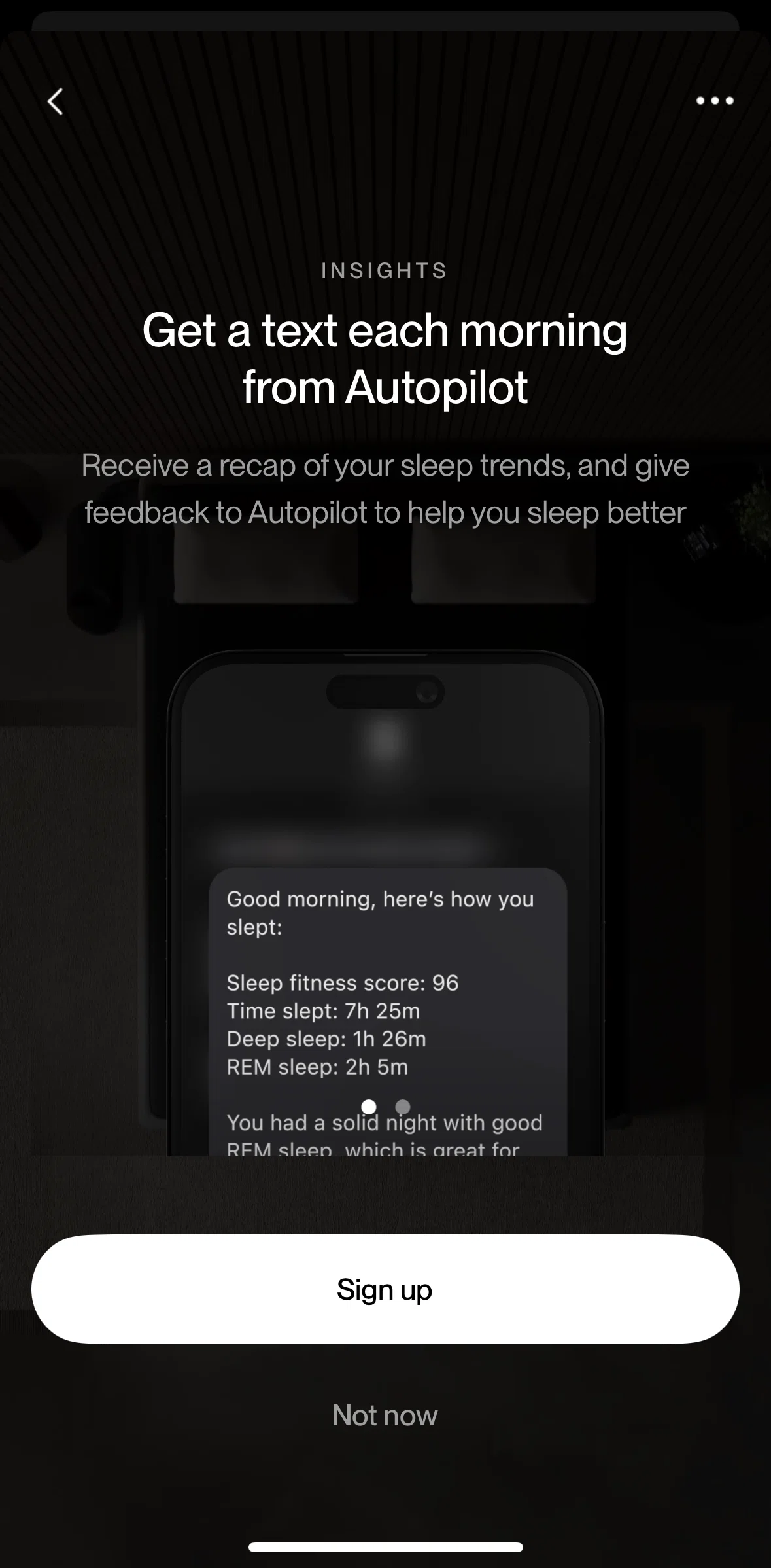 Eight Sleep Screen screen in the Signing up to Autopilot texts flow
