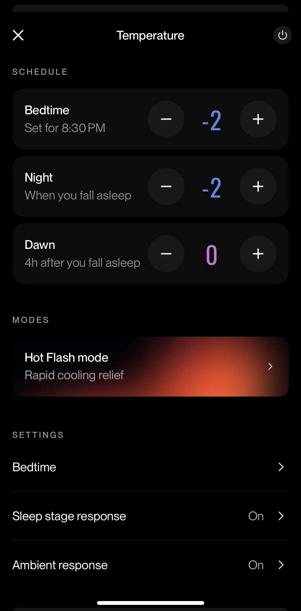 Eight Sleep Screen screen in the Turning on Hot Flash mode flow