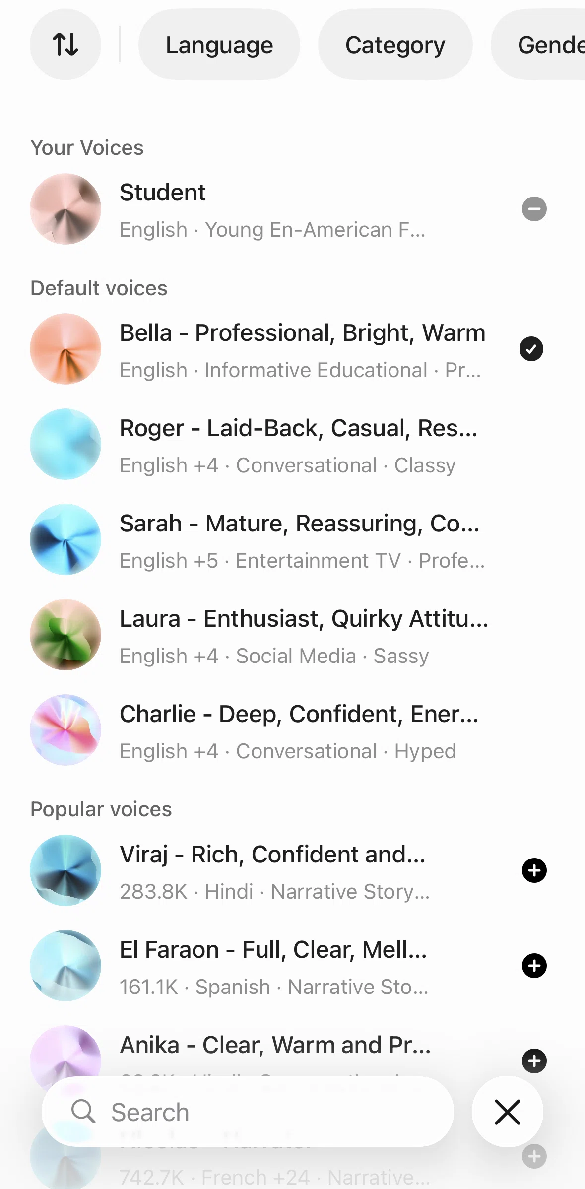 ElevenLabs Screen screen in the Filtering voices flow