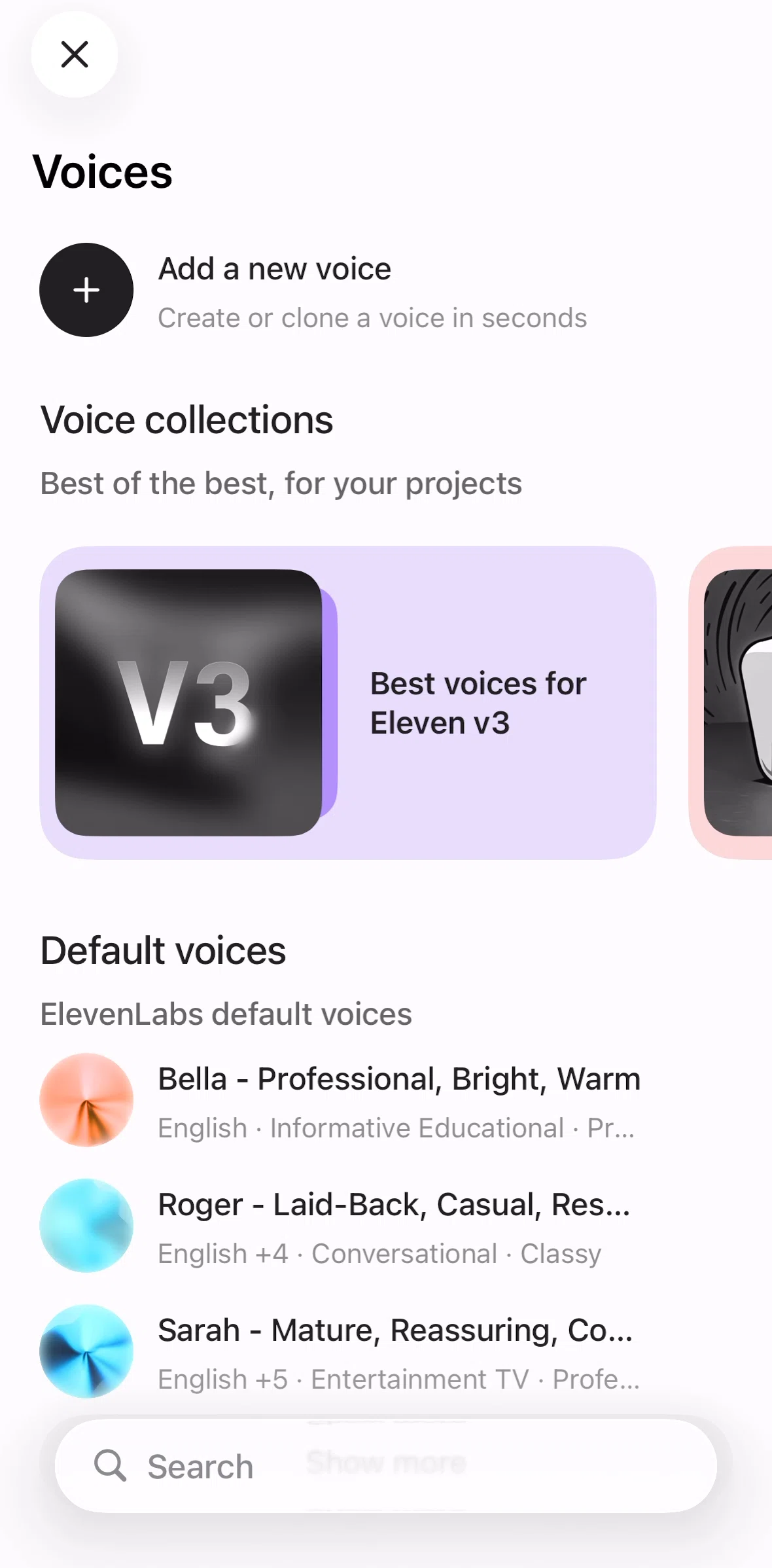 ElevenLabs Screen screen in the Searching voices flow