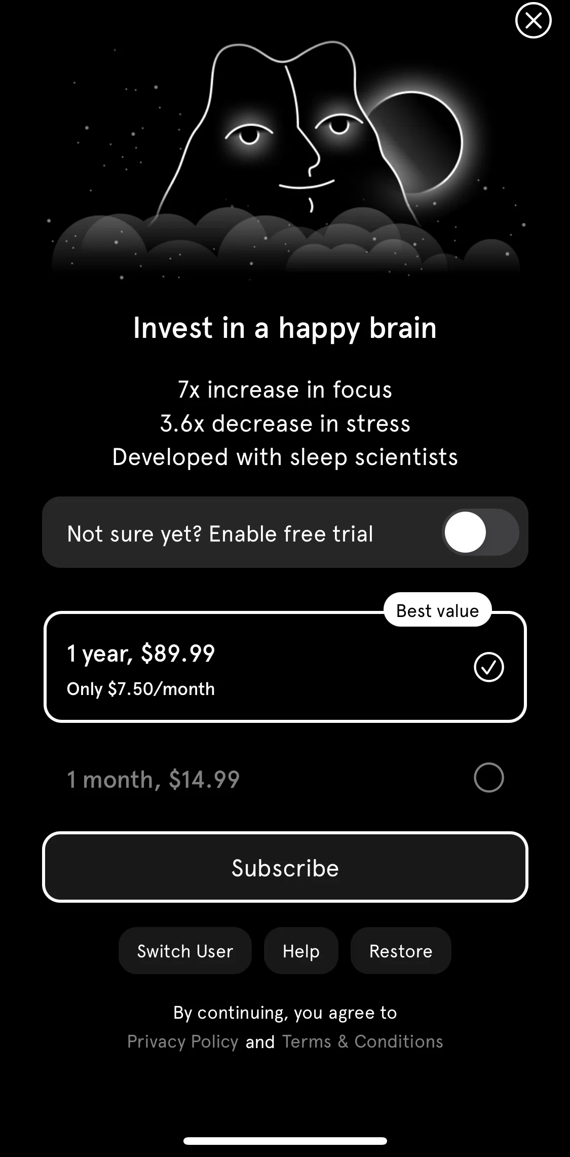 Endel Screen screen in the Subscribing to premium flow