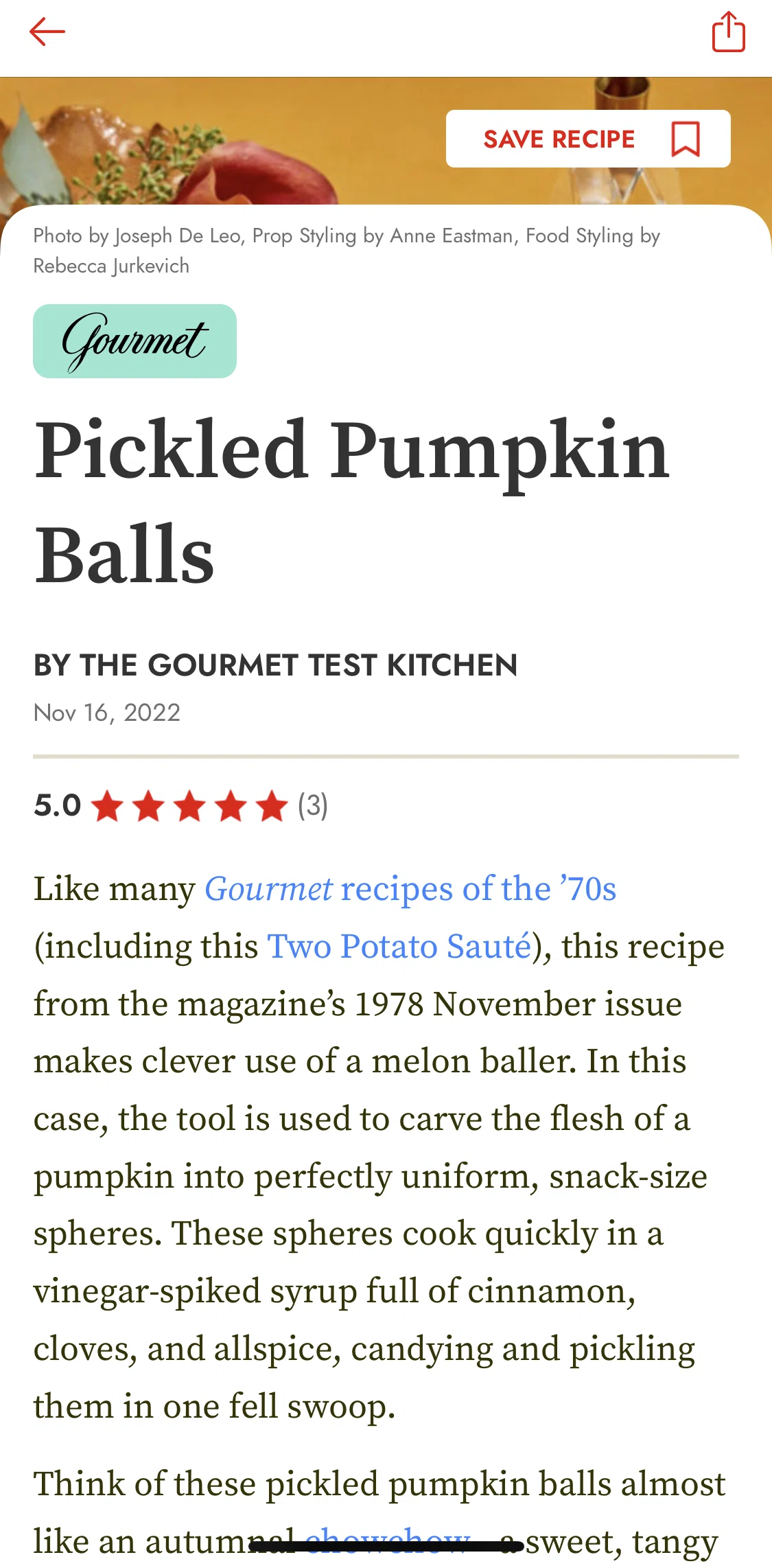 Epicurious Screen screen in the Linked article flow