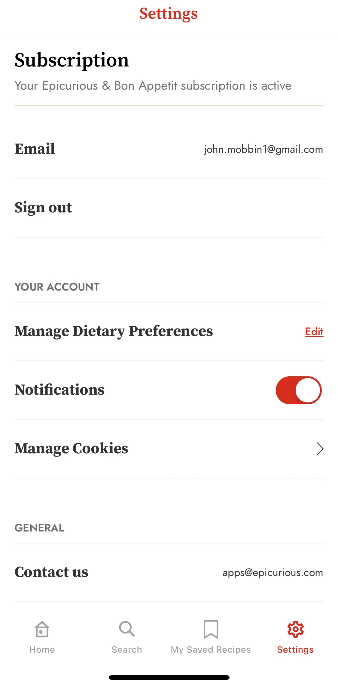Epicurious Screen screen in the Logging out flow