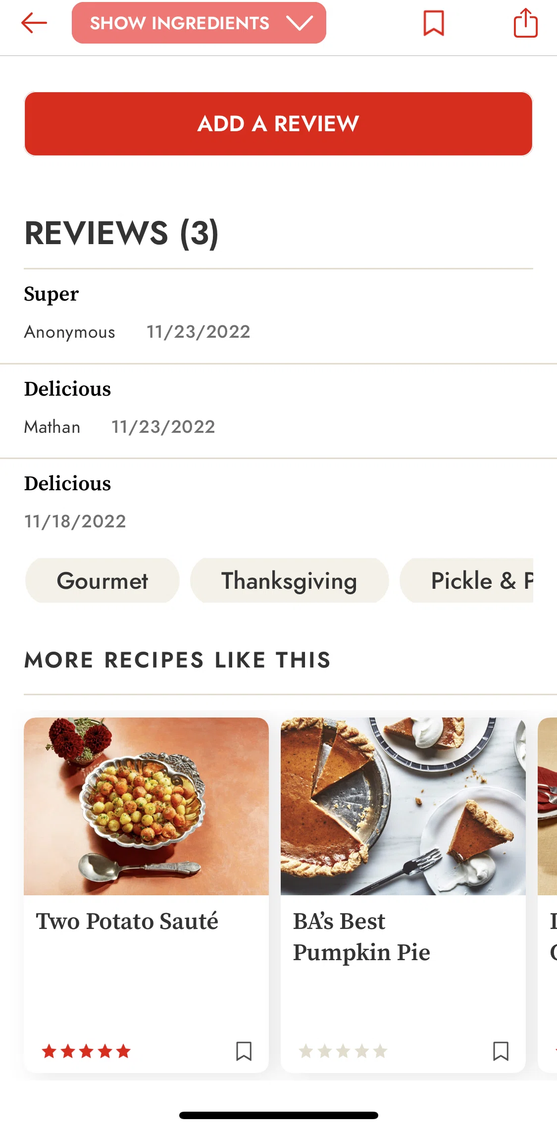 Epicurious Screen screen in the Rating a recipe flow