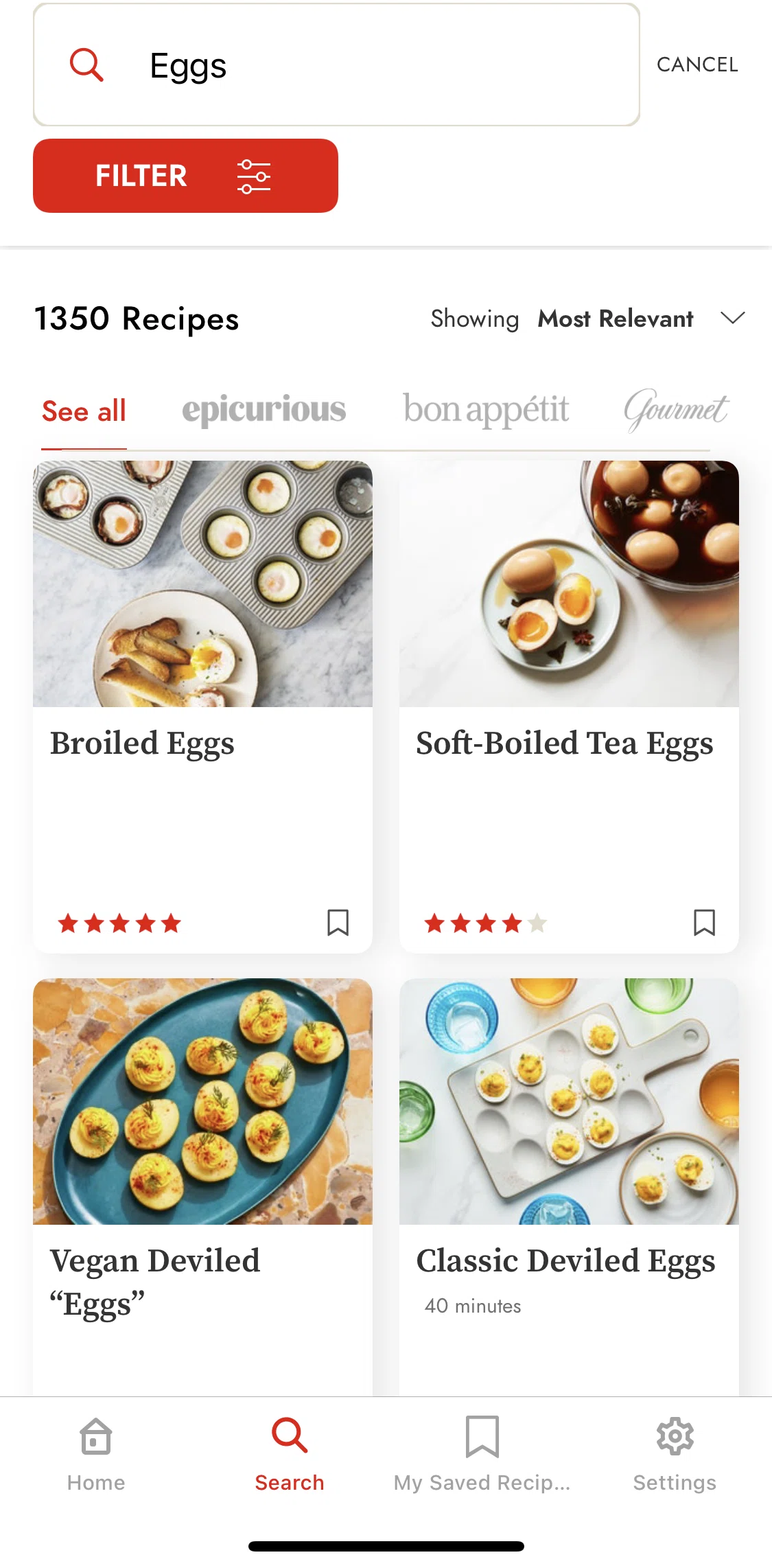 Epicurious Screen screen in the Sorting recipes flow