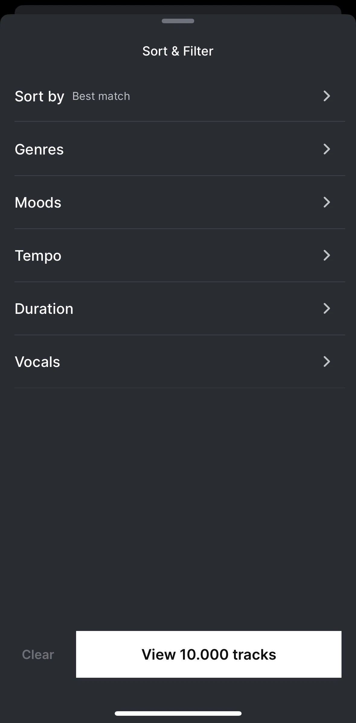 Epidemic Sound Screen screen in the Filtering tracks flow