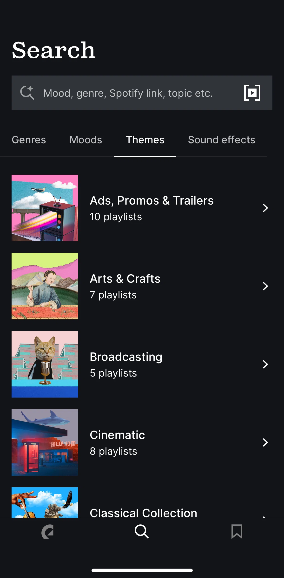 Epidemic Sound Screen screen in the Theme flow