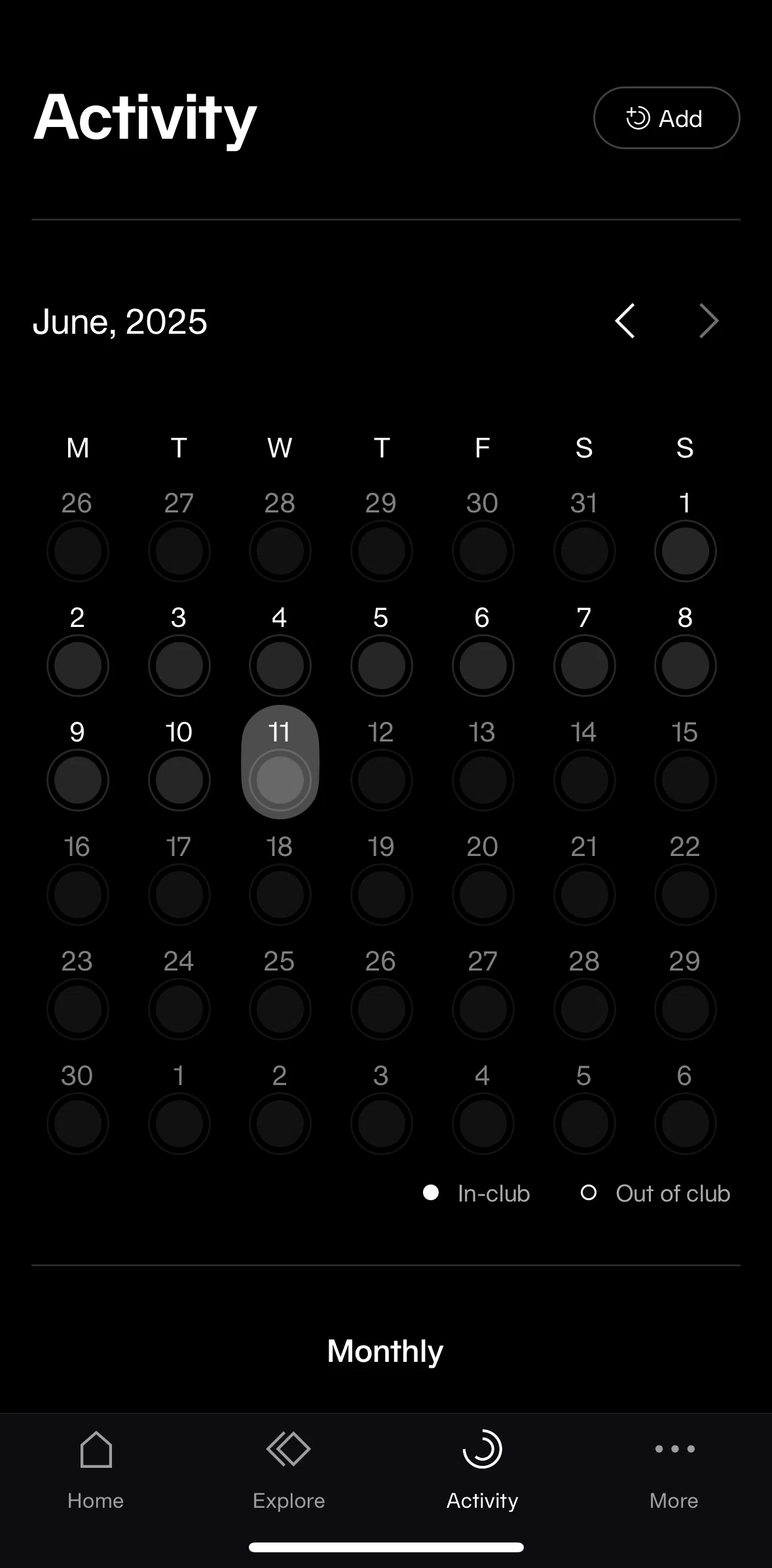 Equinox+ Screen screen in the Adding an activity flow