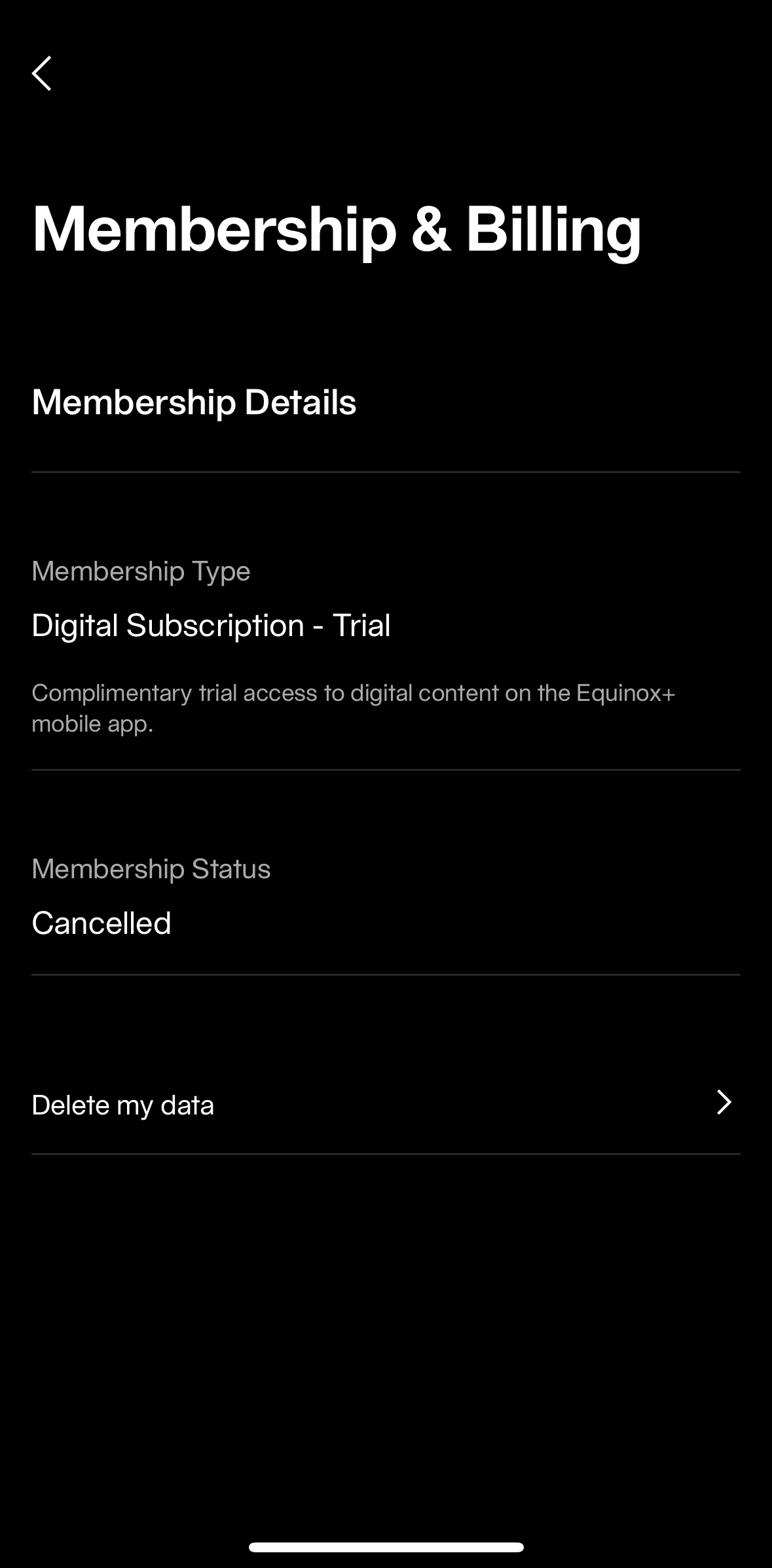 Equinox+ Screen screen in the Deleting account flow