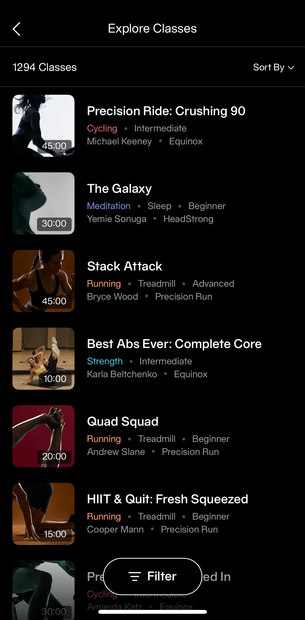 Equinox+ Screen screen in the Filtering classes flow