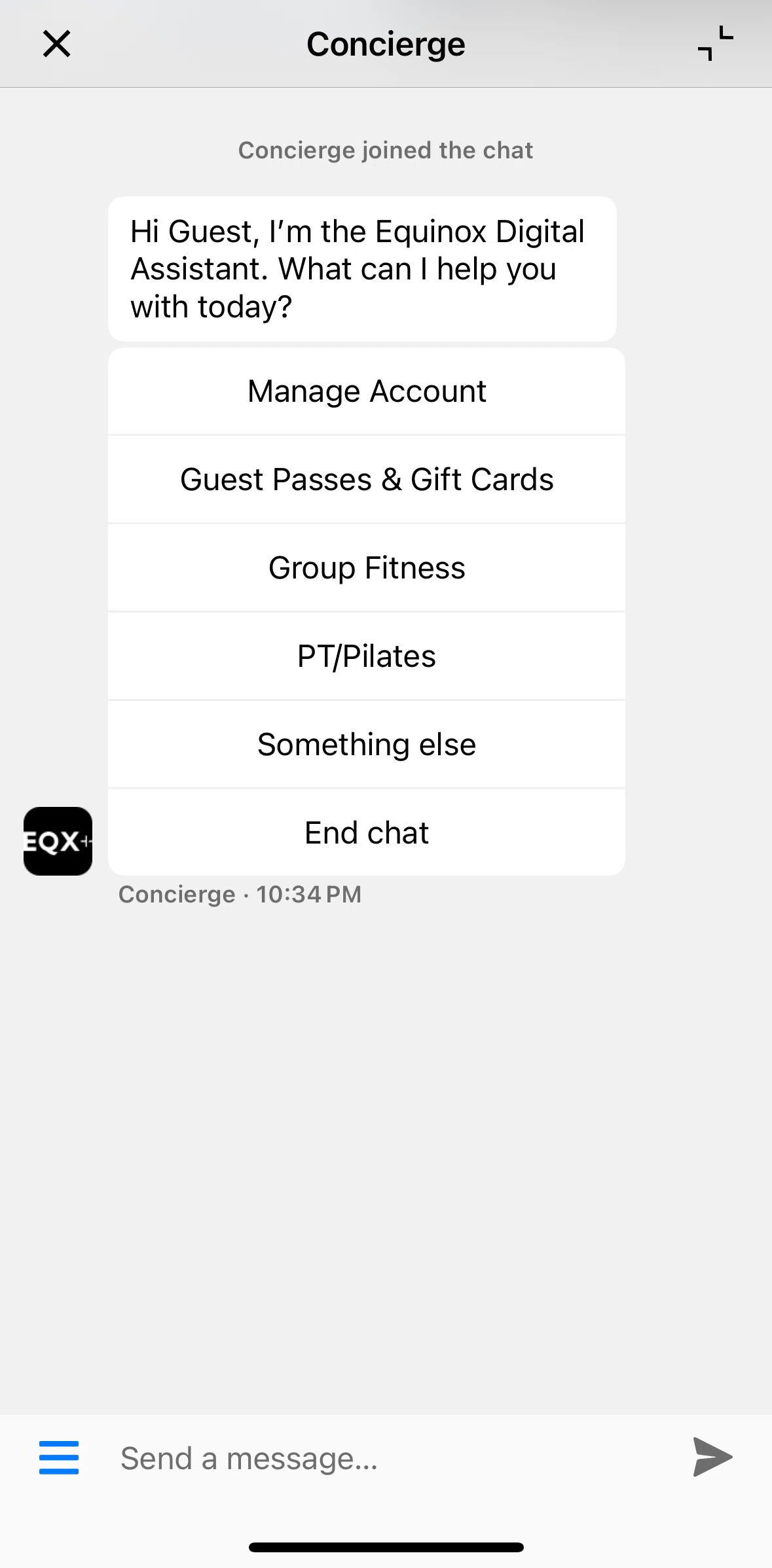 Equinox+ Screen screen in the Minimizing a chat window flow