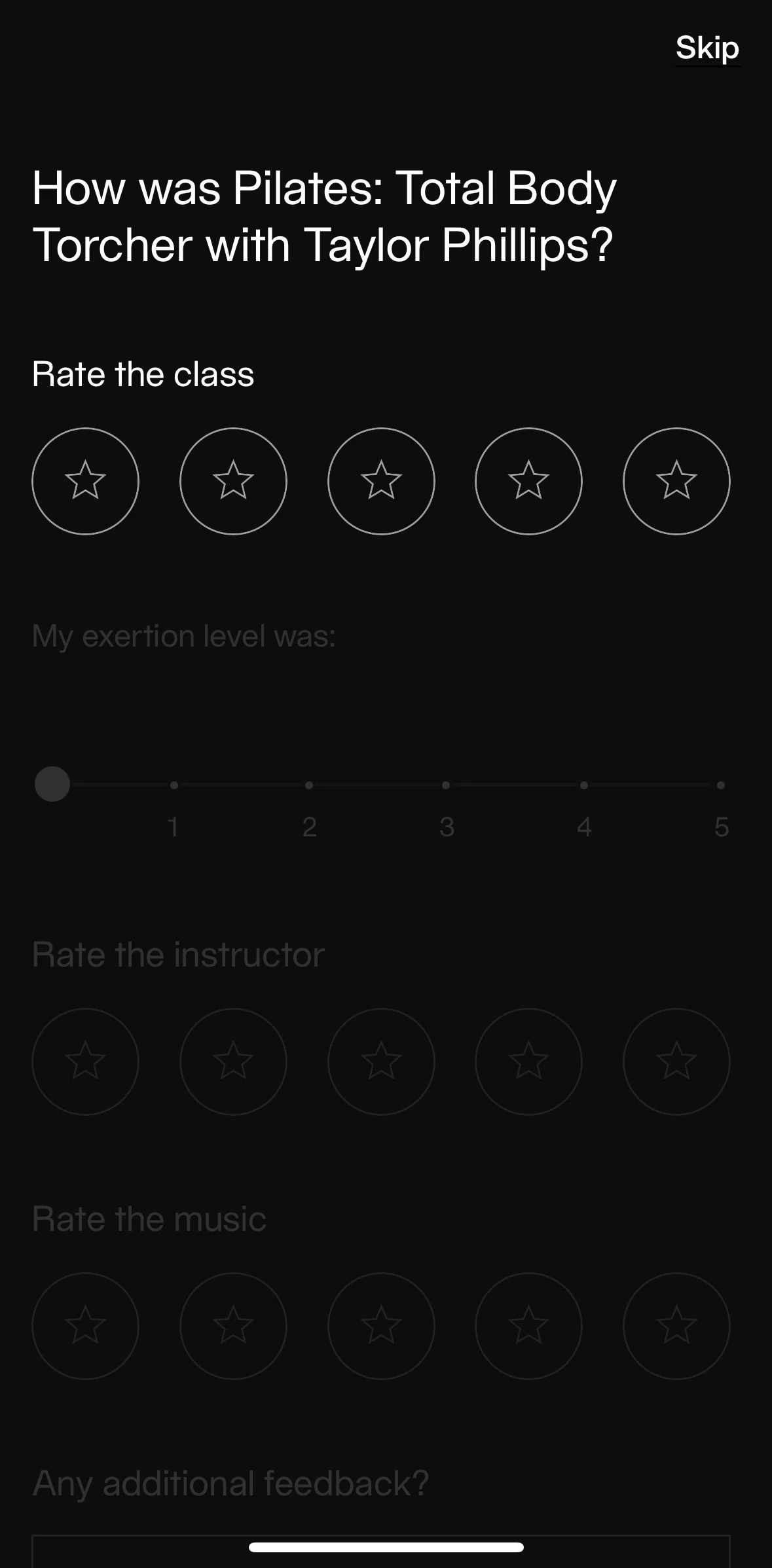Equinox+ Screen screen in the Rating a class flow