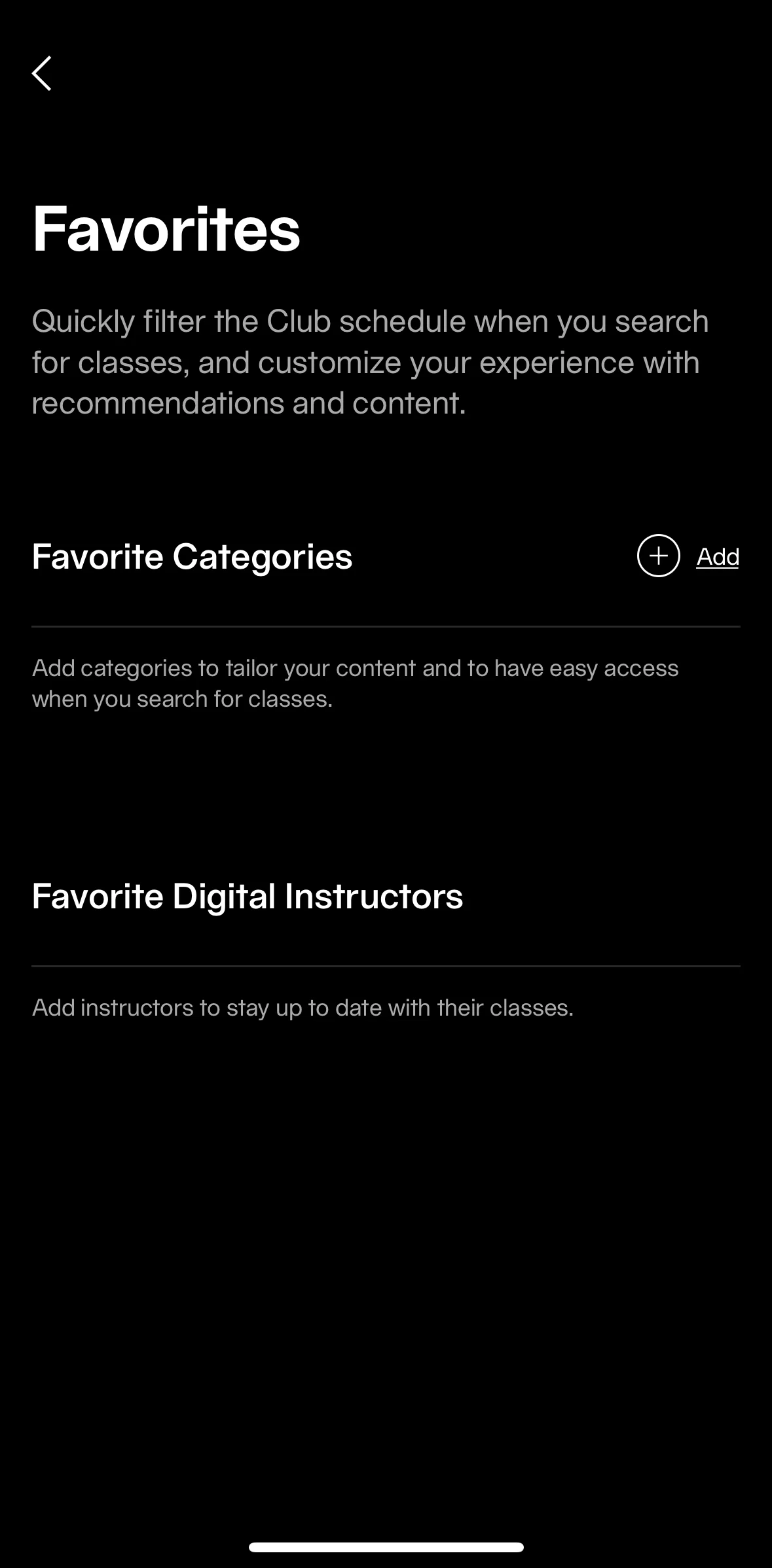 Equinox+ Screen screen in the Saving categories to favorites flow