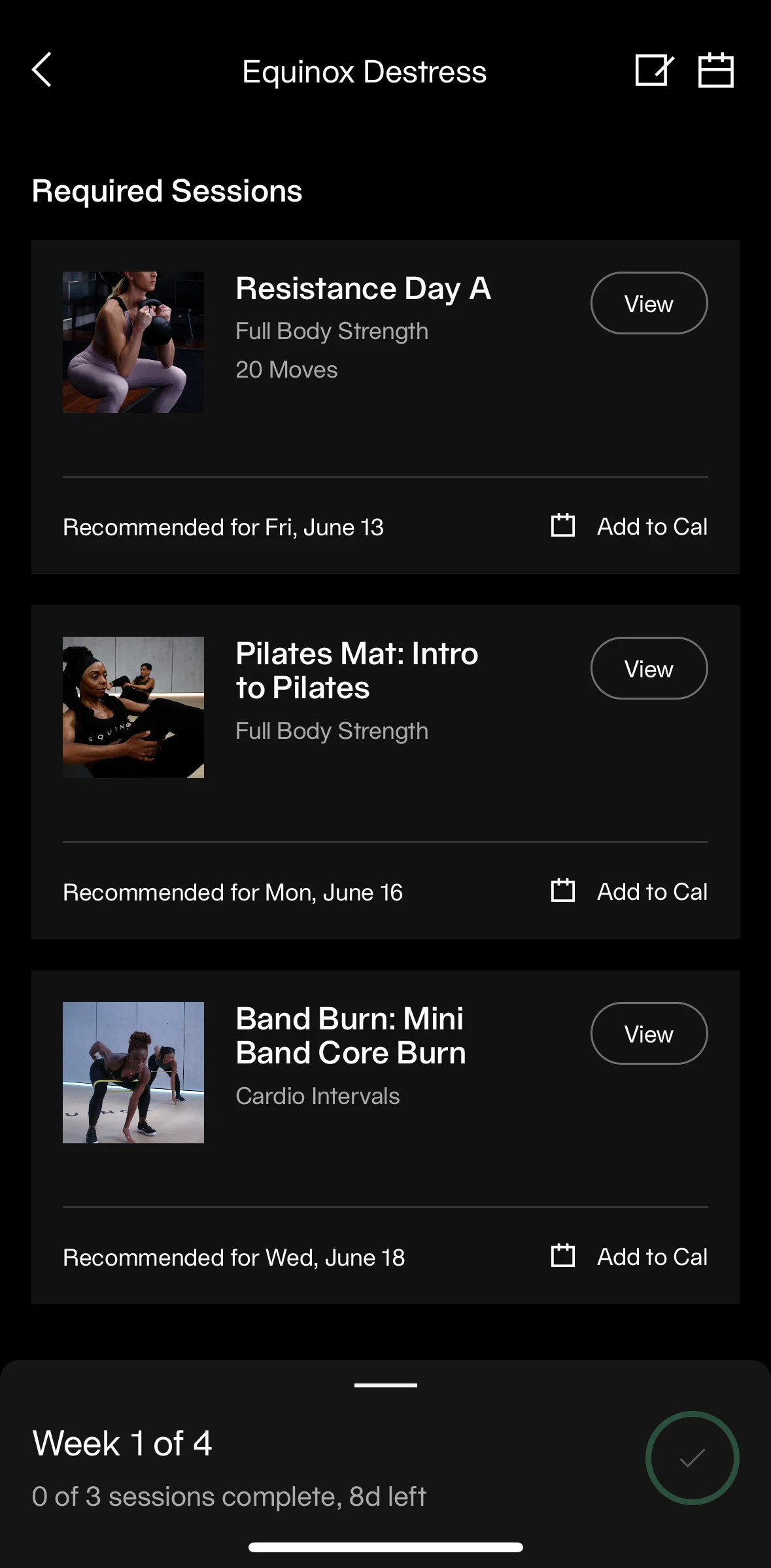 Equinox+ Screen screen in the Session detail (programmed) flow