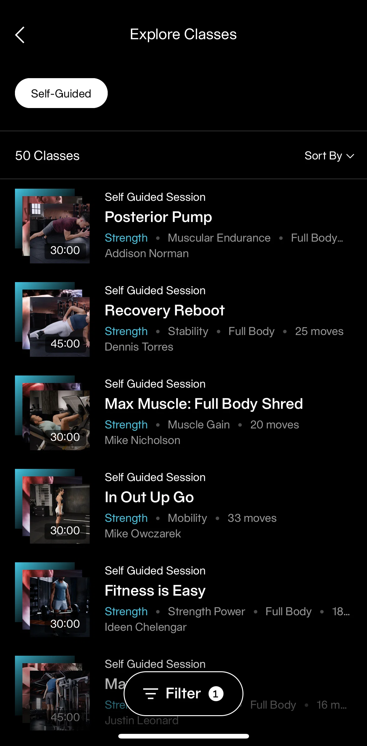 Equinox+ Screen screen in the Session detail (self-guided) flow