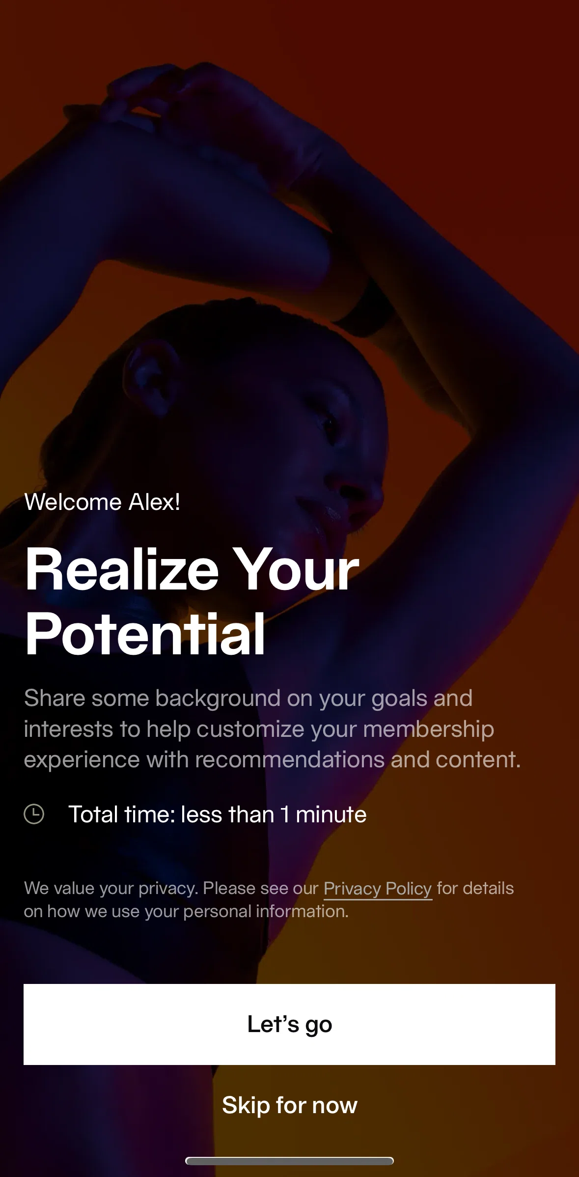 Equinox+ Screen screen in the Setting up profile flow