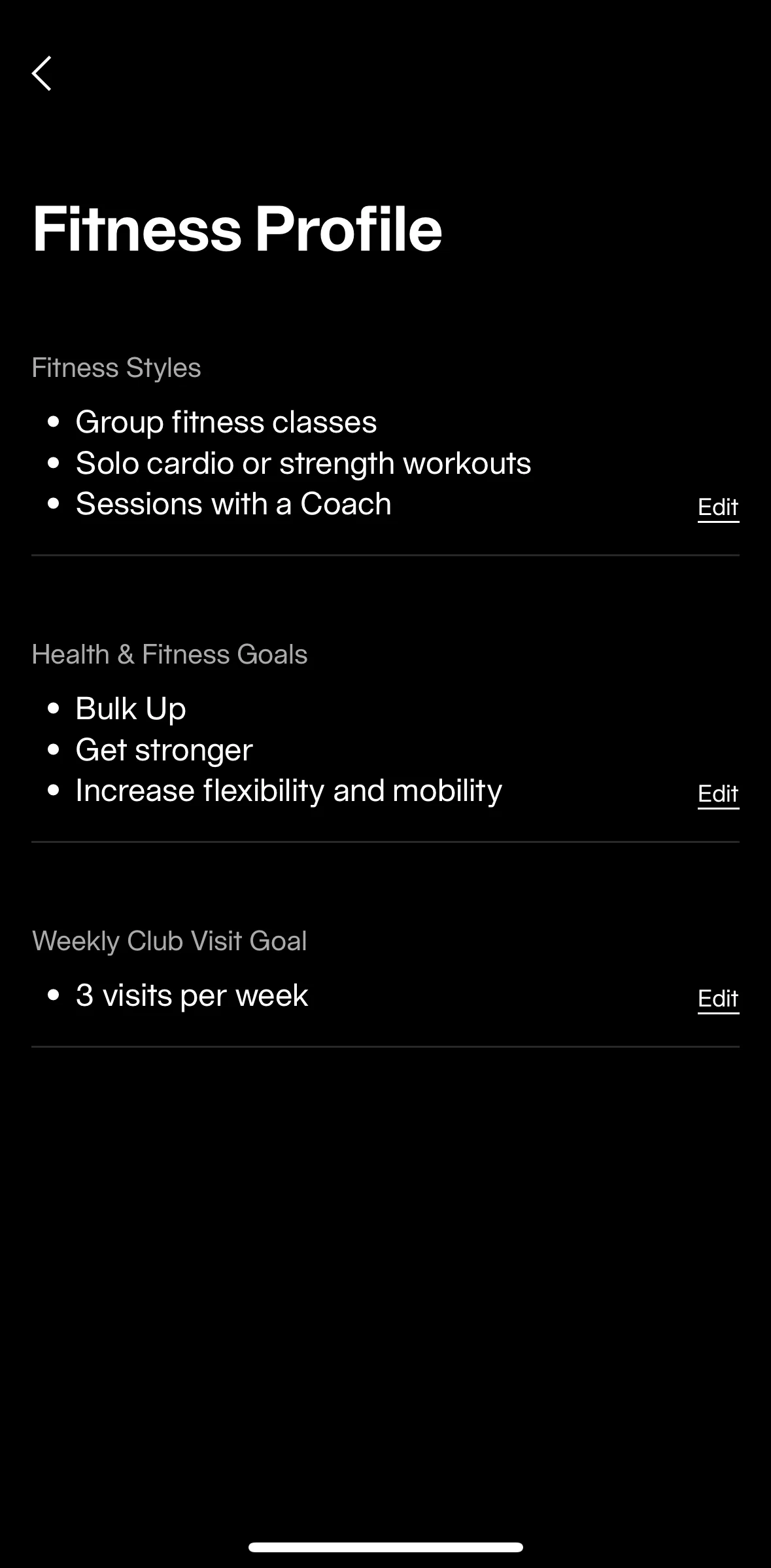 Equinox+ Screen screen in the Updating fitness styles flow