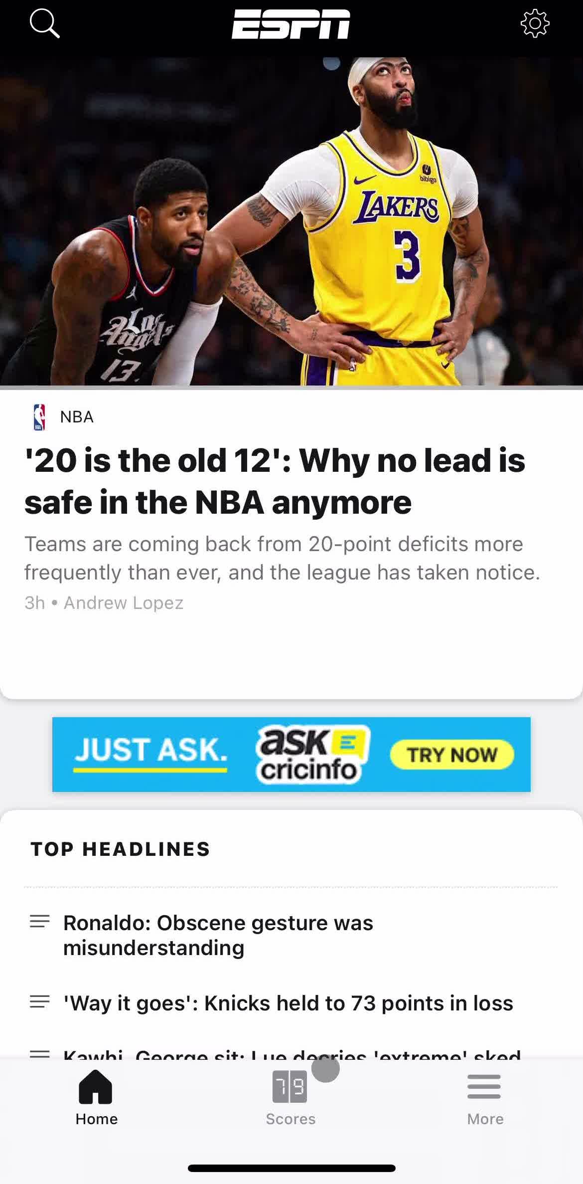 Espn Home screen in the Analytics Stats flow