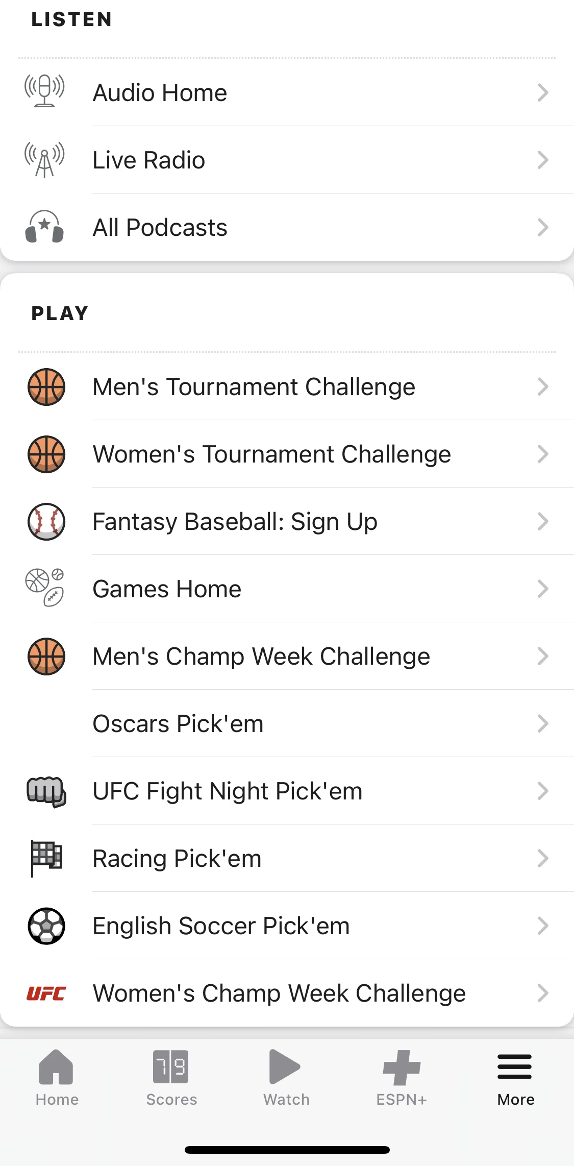 Espn Screen screen in the Audio home flow