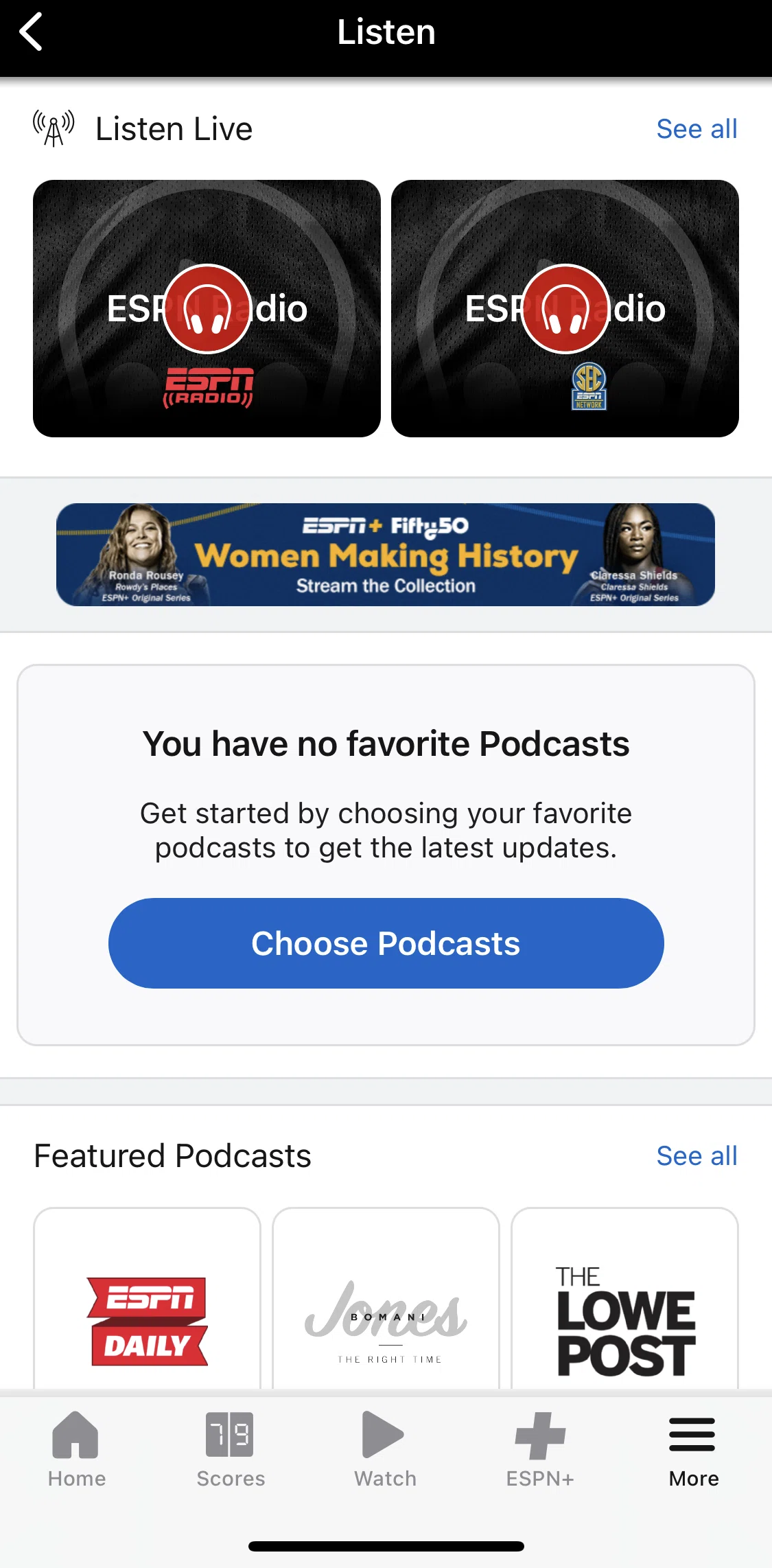 Espn Screen screen in the Choosing podcasts flow