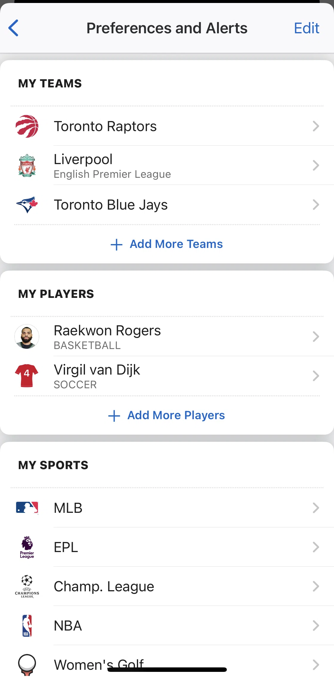 Espn Screen screen in the Editing preferences and alerts flow