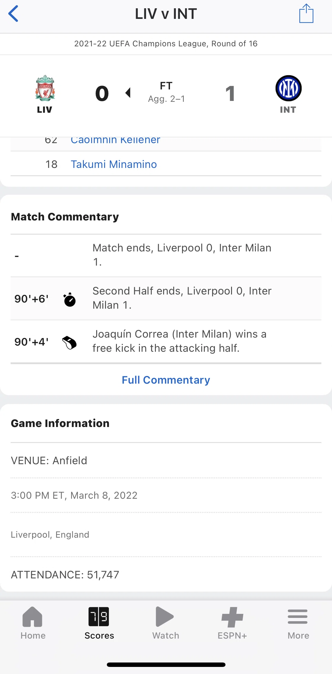 Espn Screen screen in the Full commentary flow