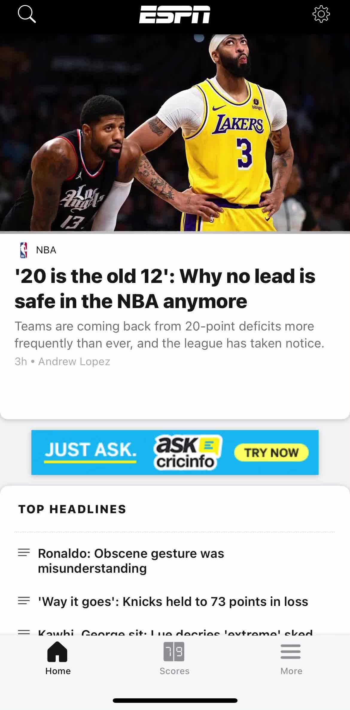 Espn Home screen in the General Browsing flow