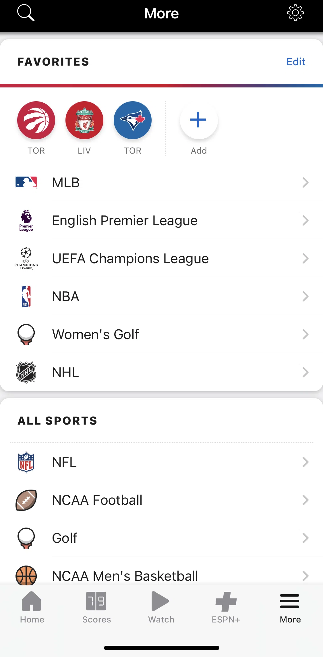 Espn Screen screen in the League detail (NFL) flow