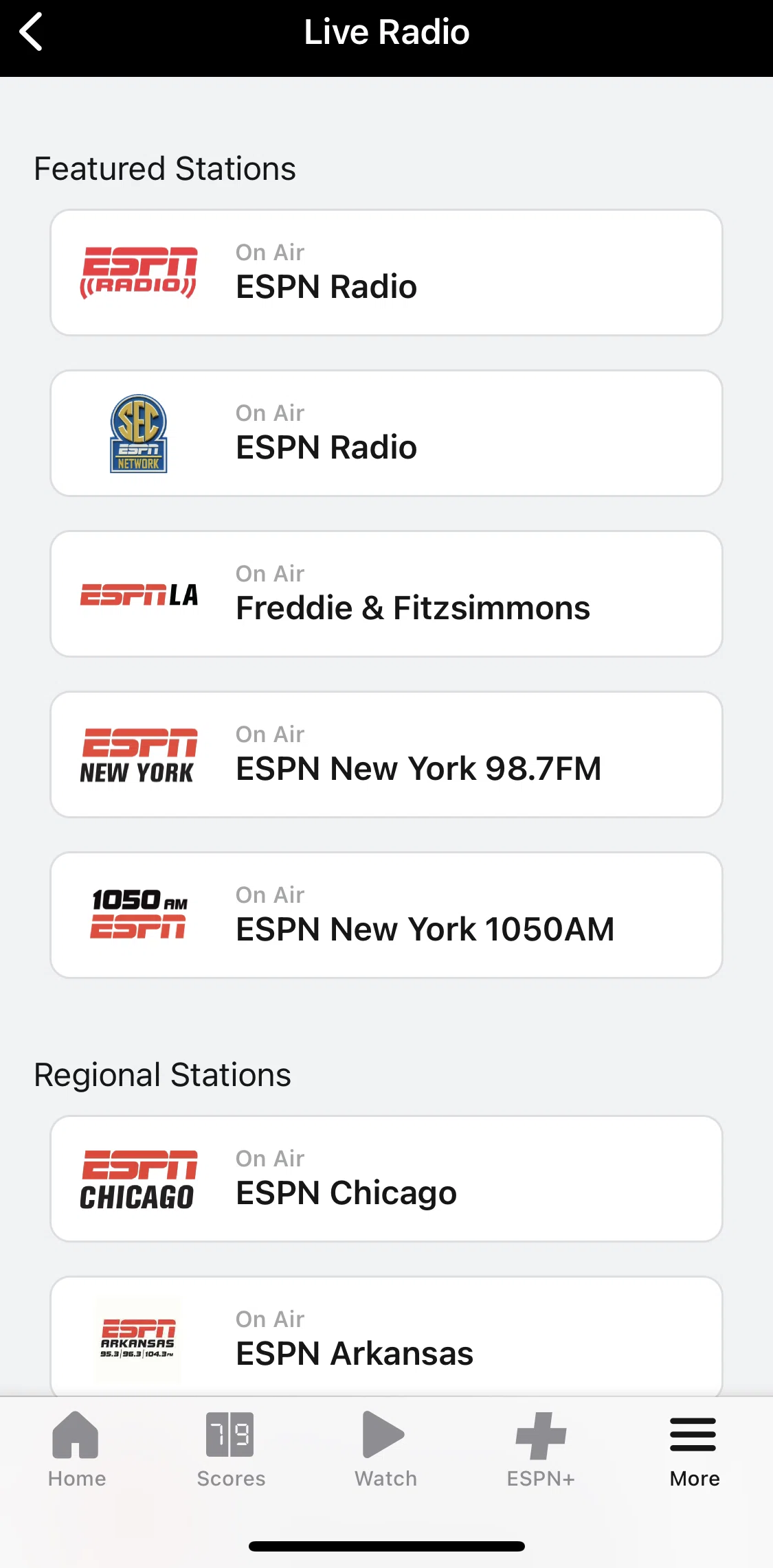Espn Screen screen in the Listening to a radio station flow