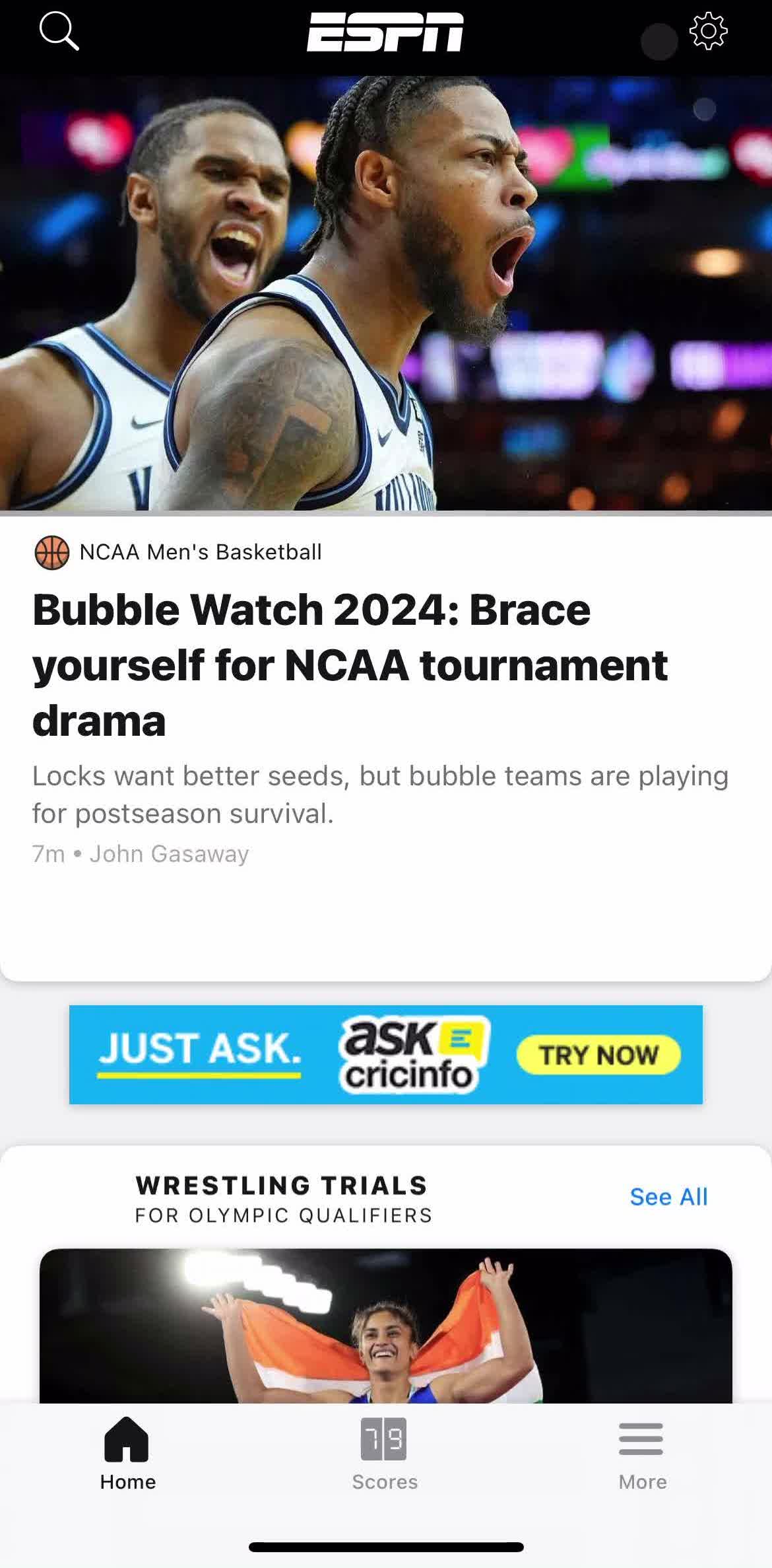 Espn Home screen in the Logging In flow