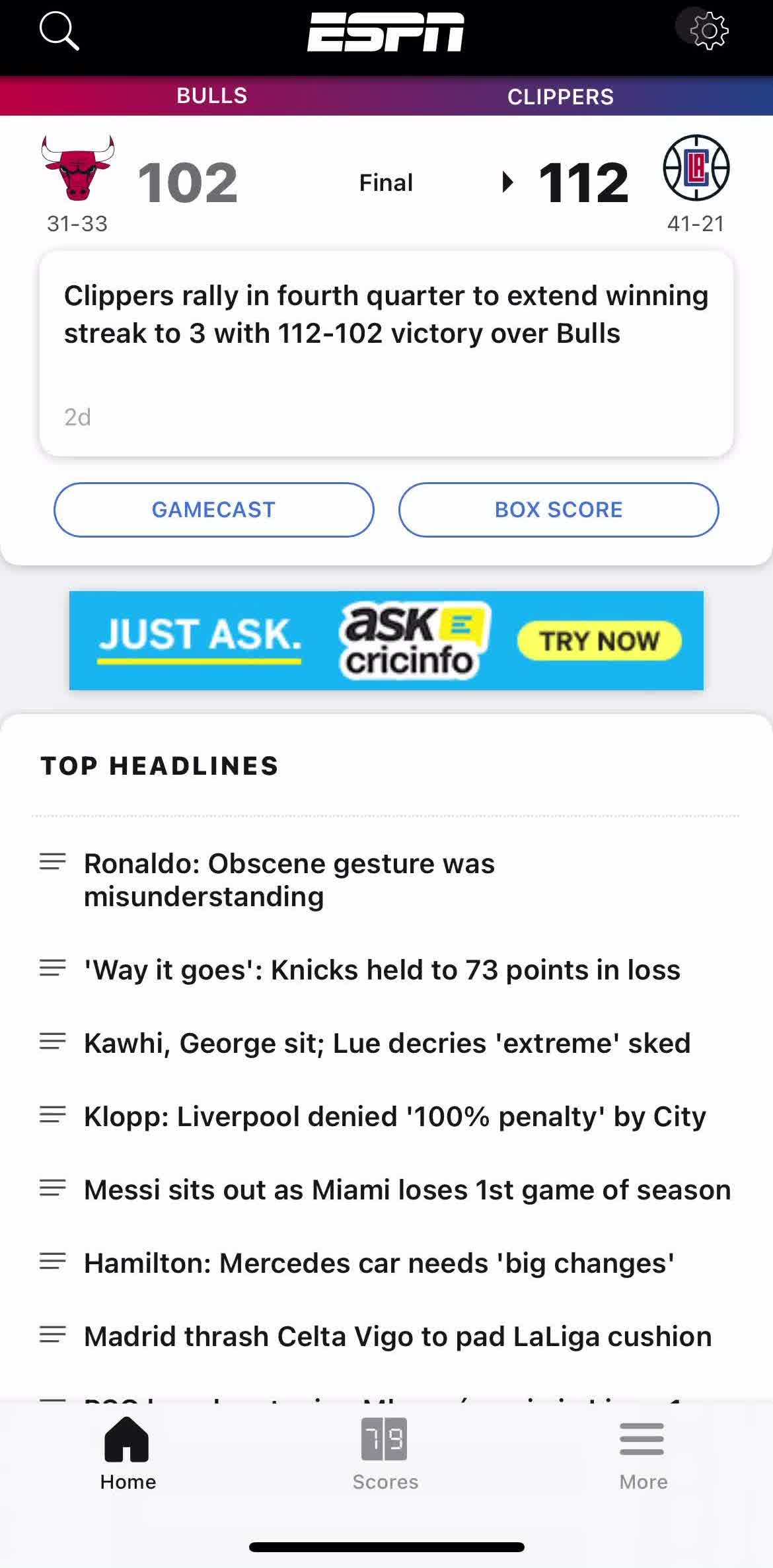 Espn Home screen in the Logging Out flow