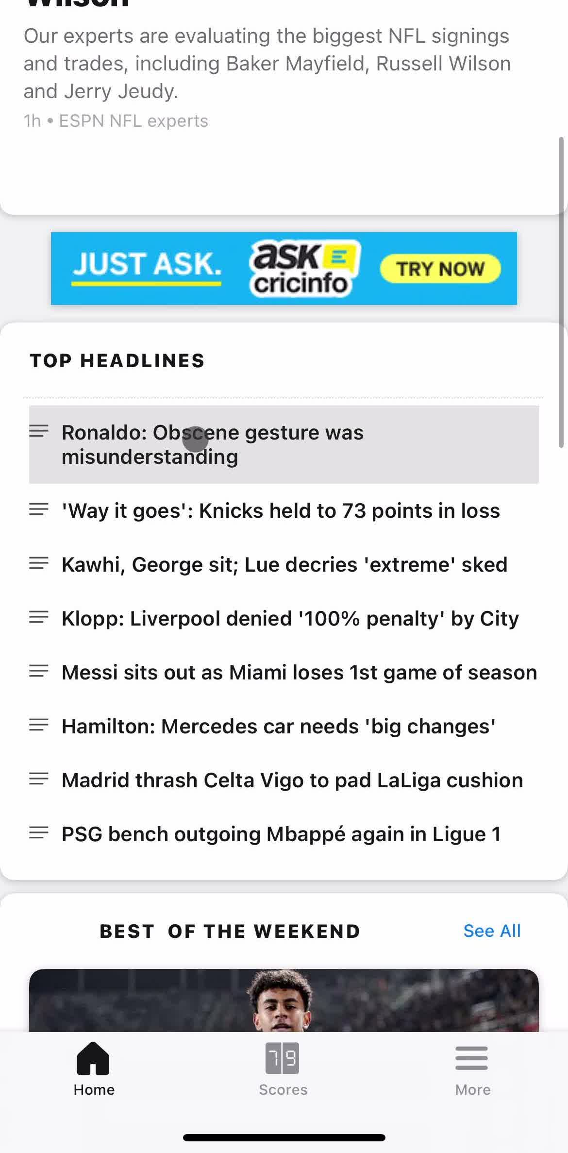 Espn Home screen in the Saving flow