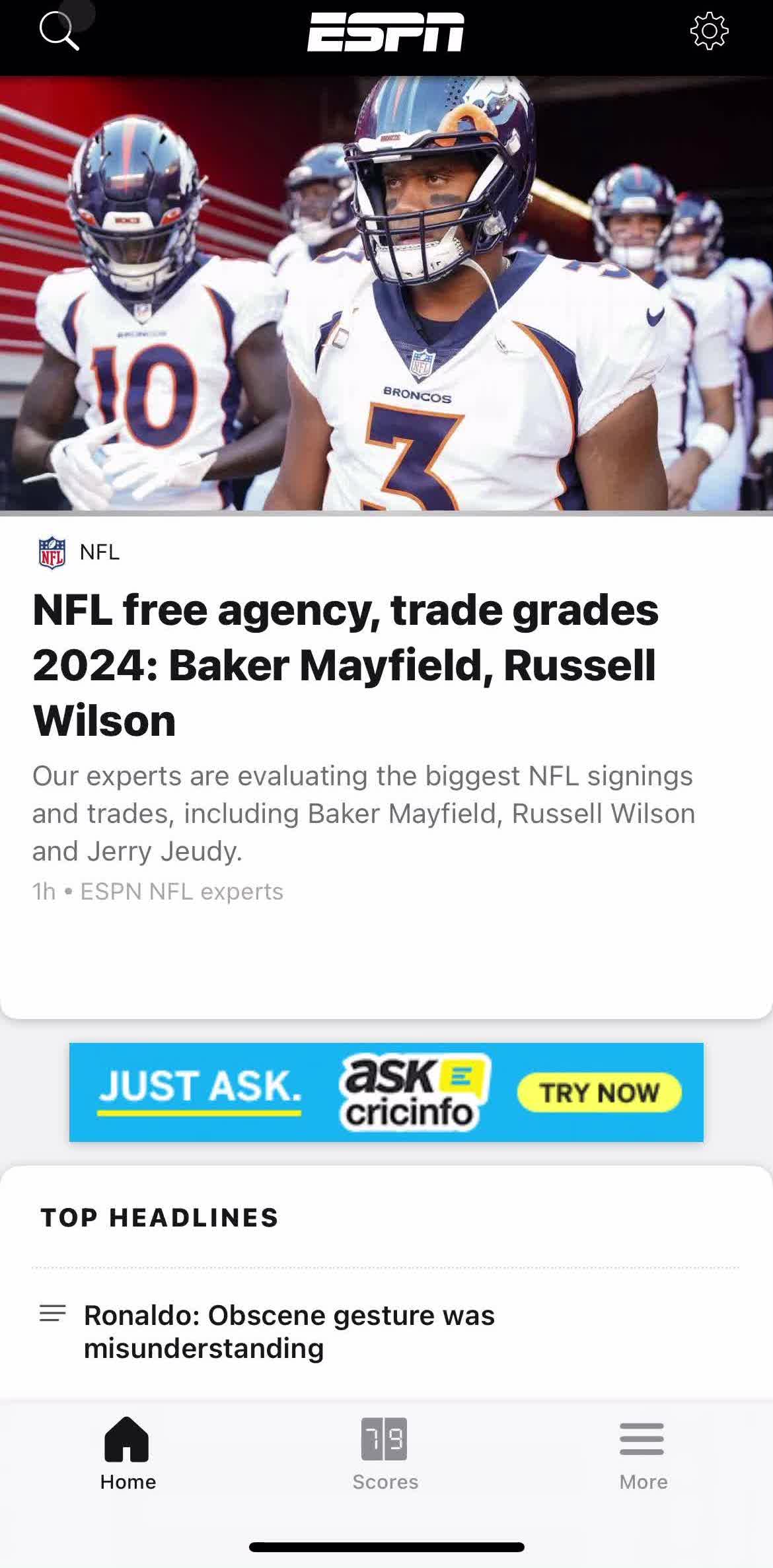Espn Home screen in the Searching flow