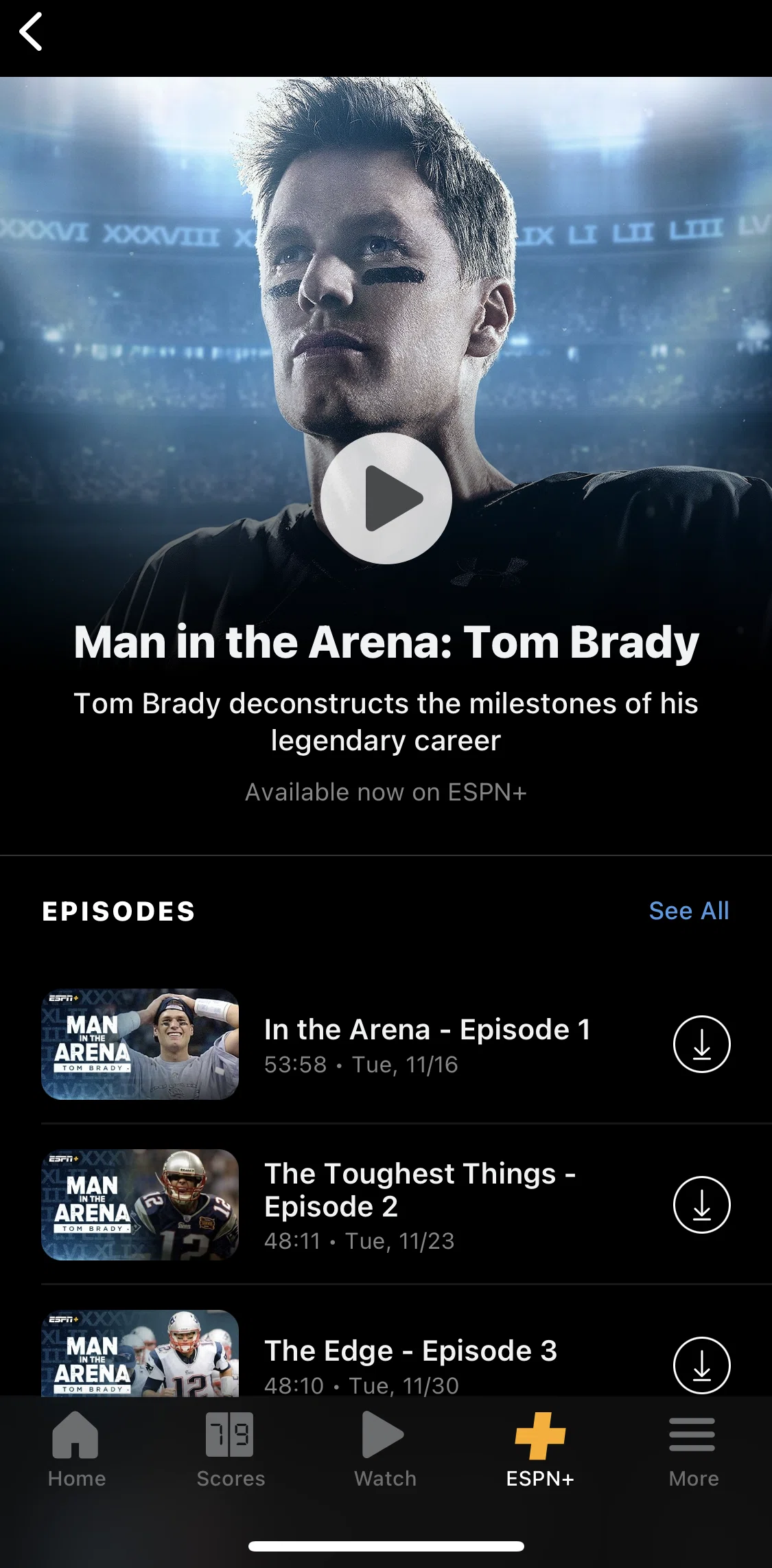 Espn Screen screen in the See all episodes flow