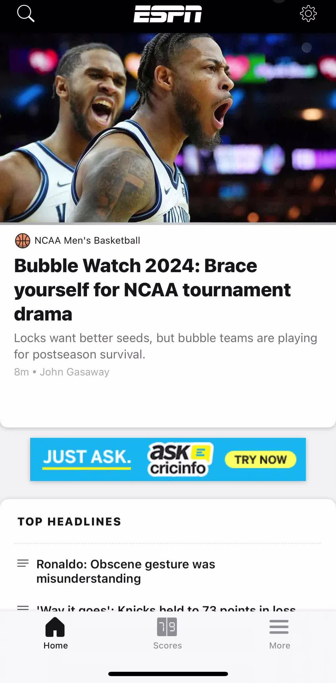 Espn Home screen in the Settings flow