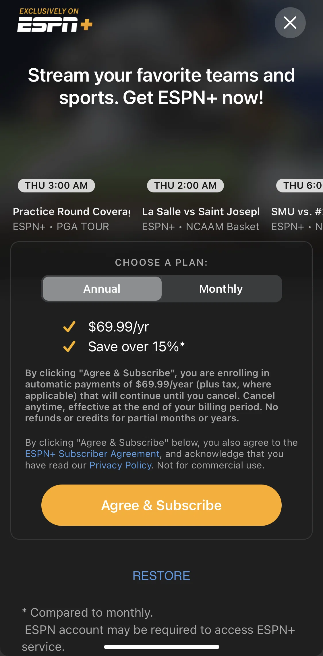 Espn Screen screen in the Subscribing to ESPN+ flow