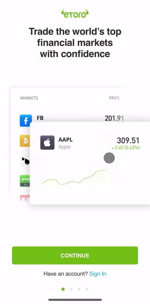 Etoro Welcome slides screen in the Onboarding flow