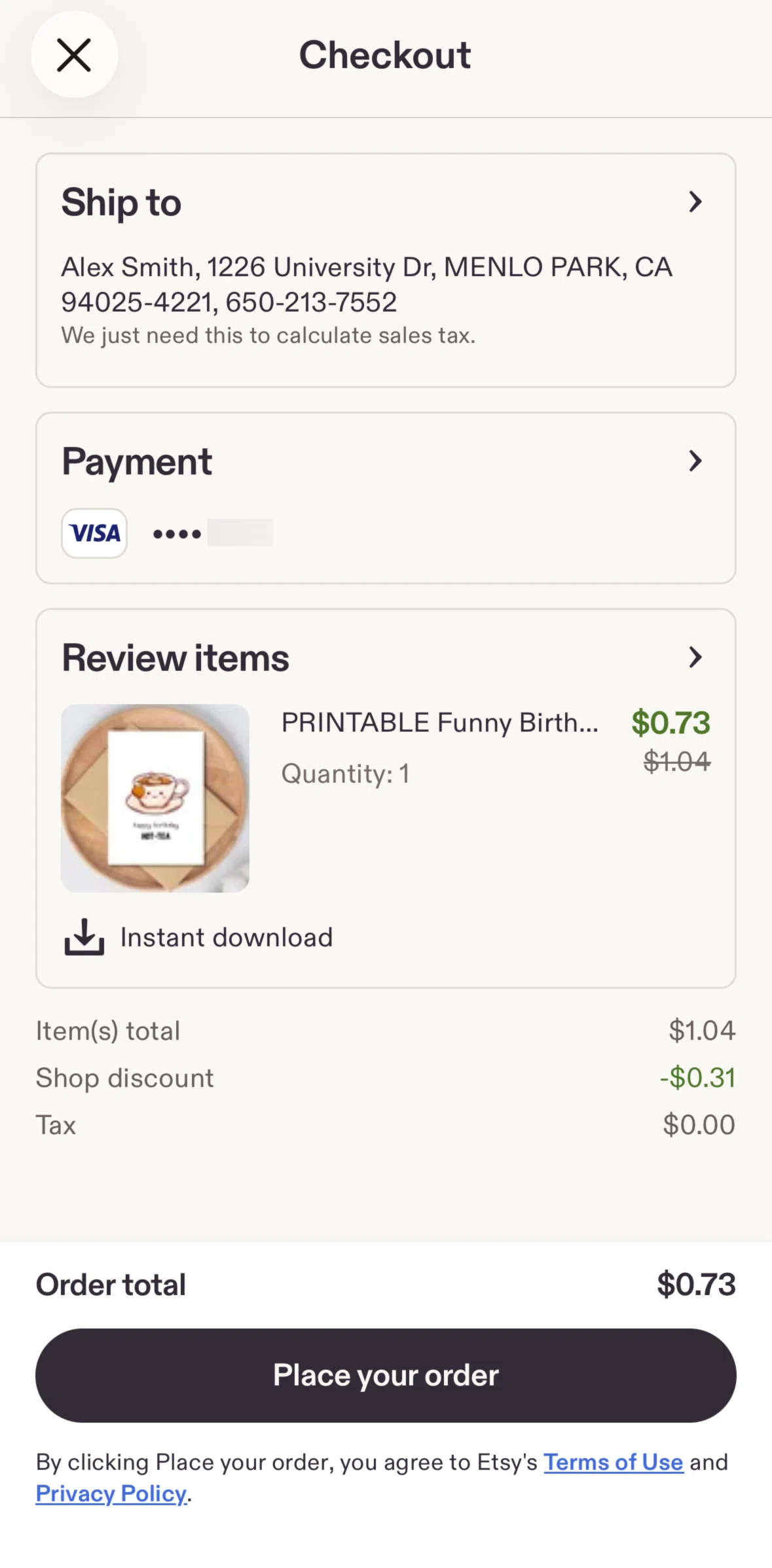 Etsy Screen screen in the Adding a note for seller flow