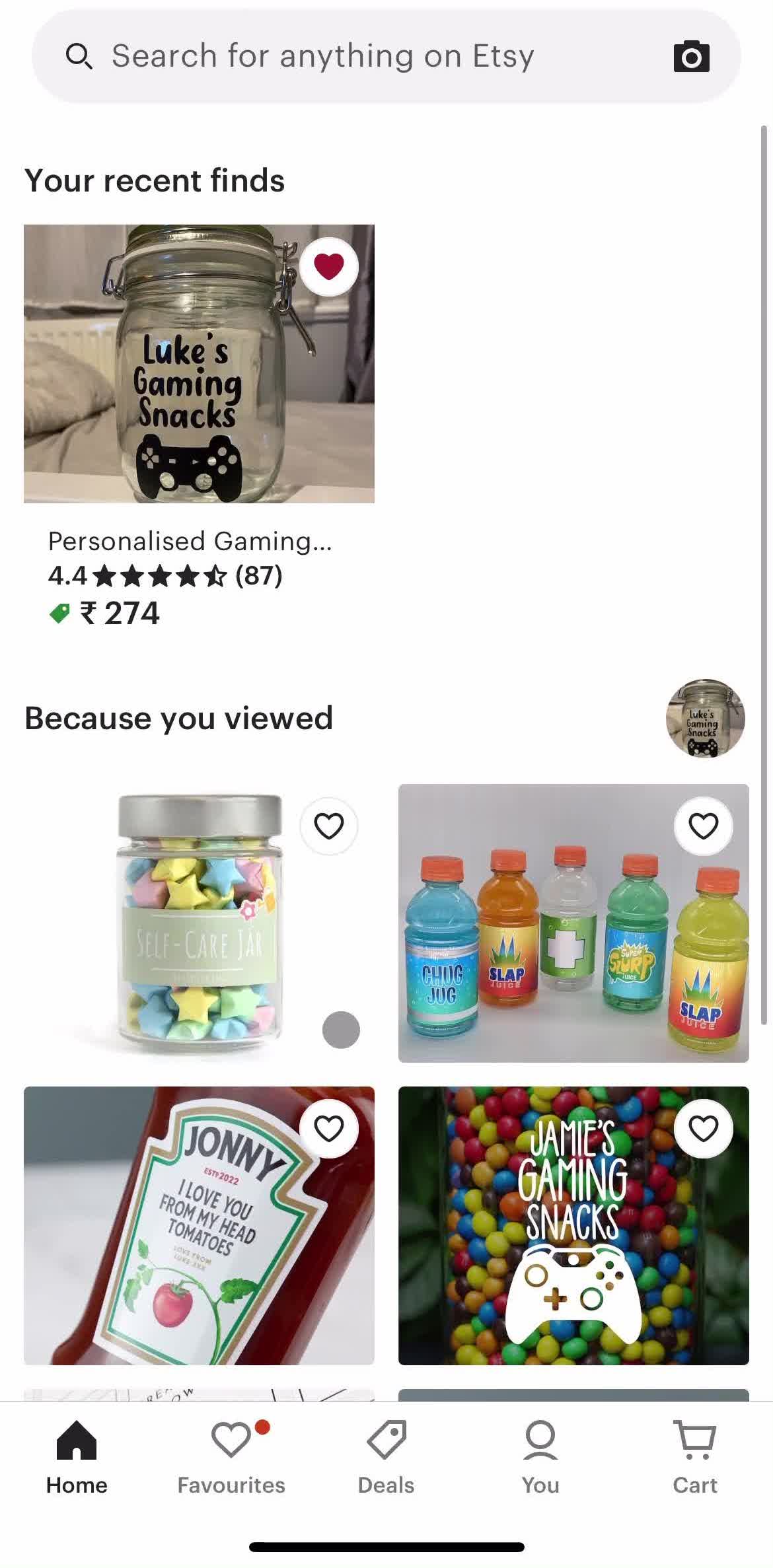 Etsy Home screen in the Buying Something flow