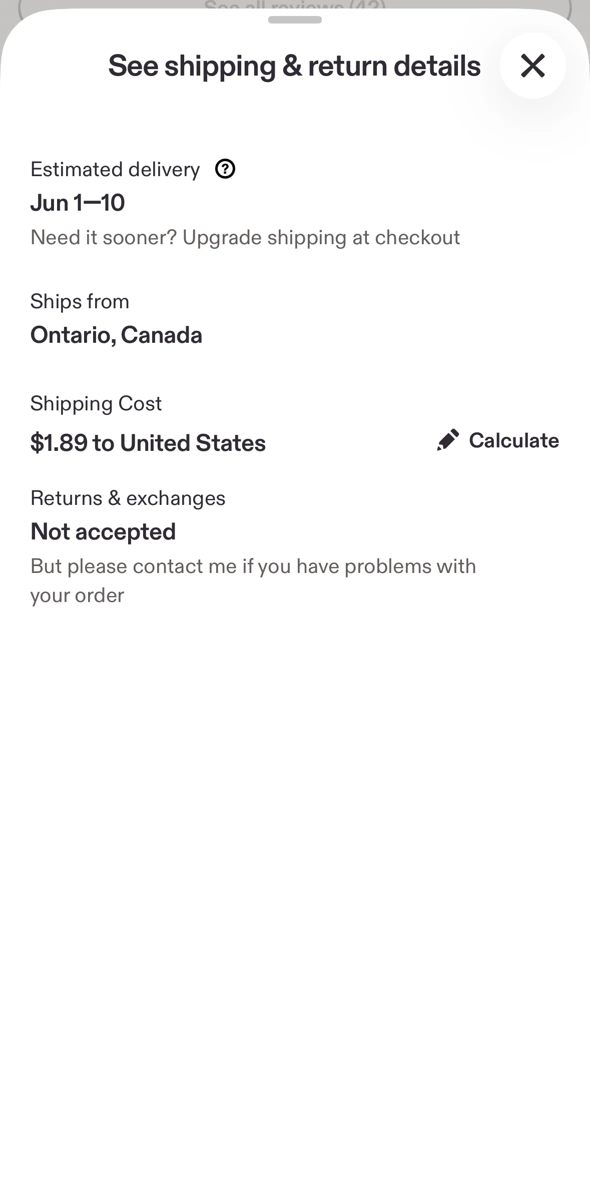 Etsy Screen screen in the Calculating a shipping cost flow
