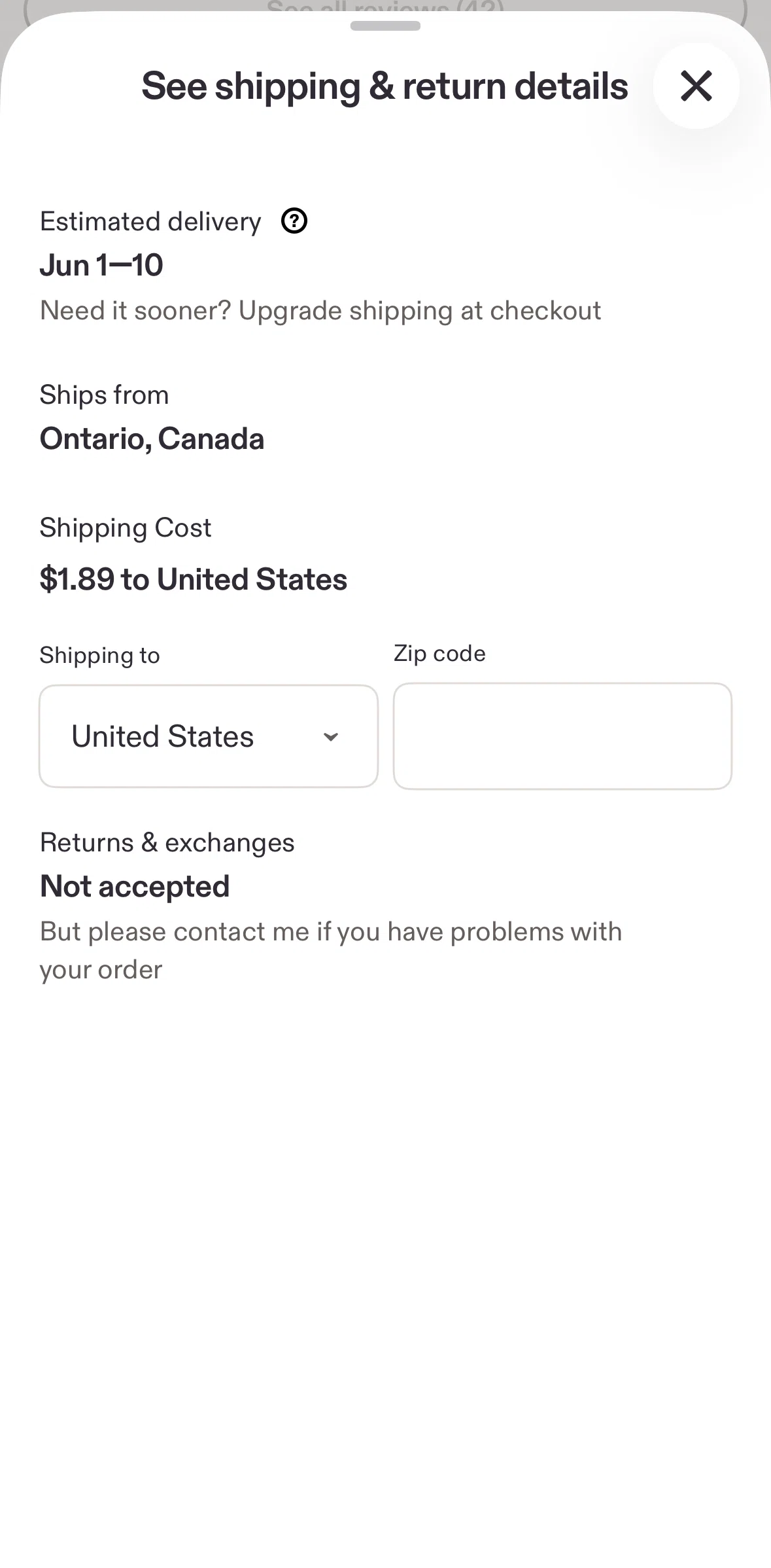 Etsy Screen screen in the Changing a shipping destination flow
