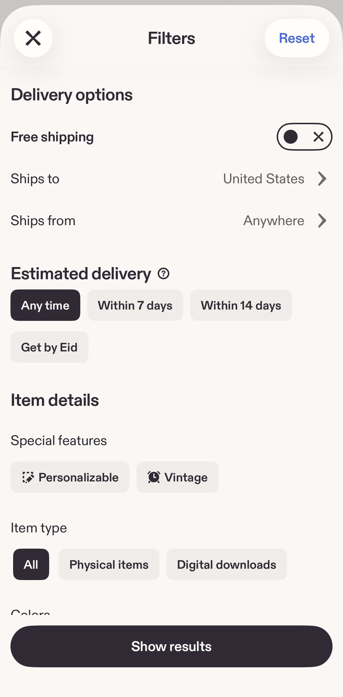 Etsy Screen screen in the Choosing a shipping origin flow