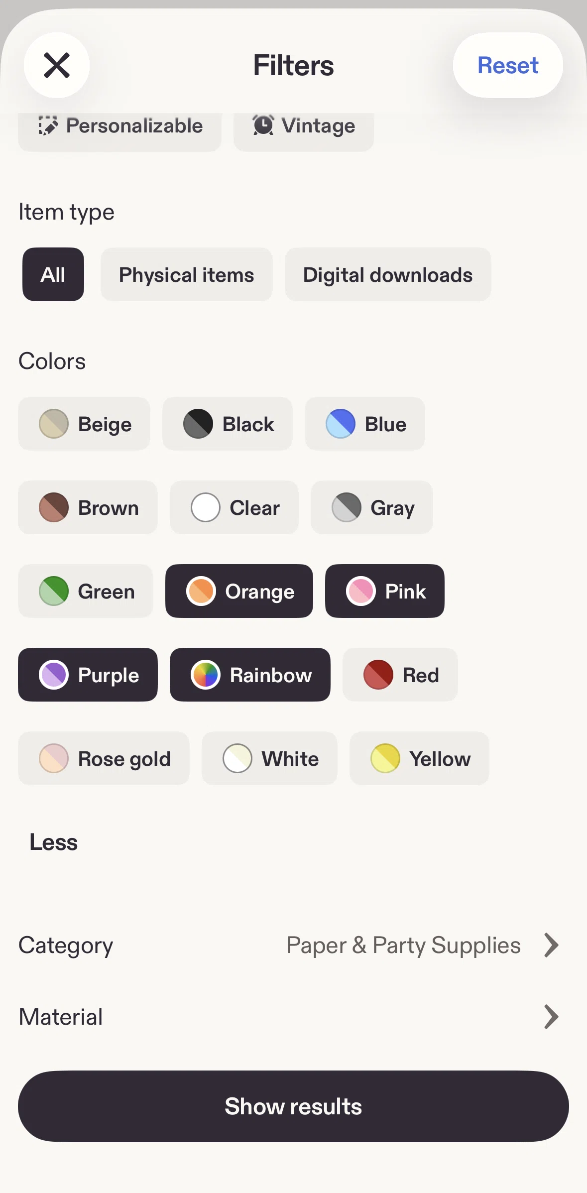 Etsy Screen screen in the Choosing materials flow