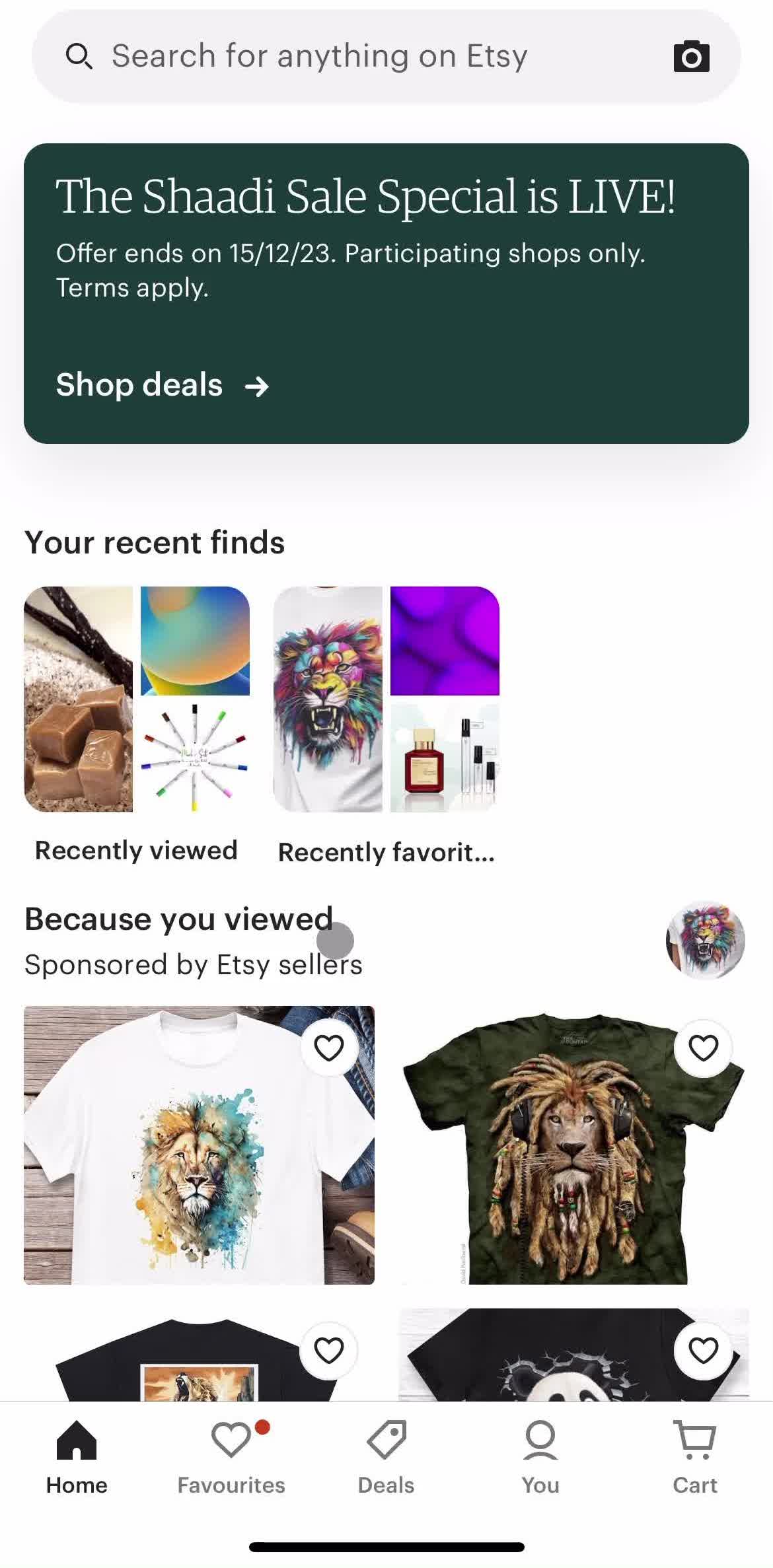 Etsy Home screen in the General Browsing flow