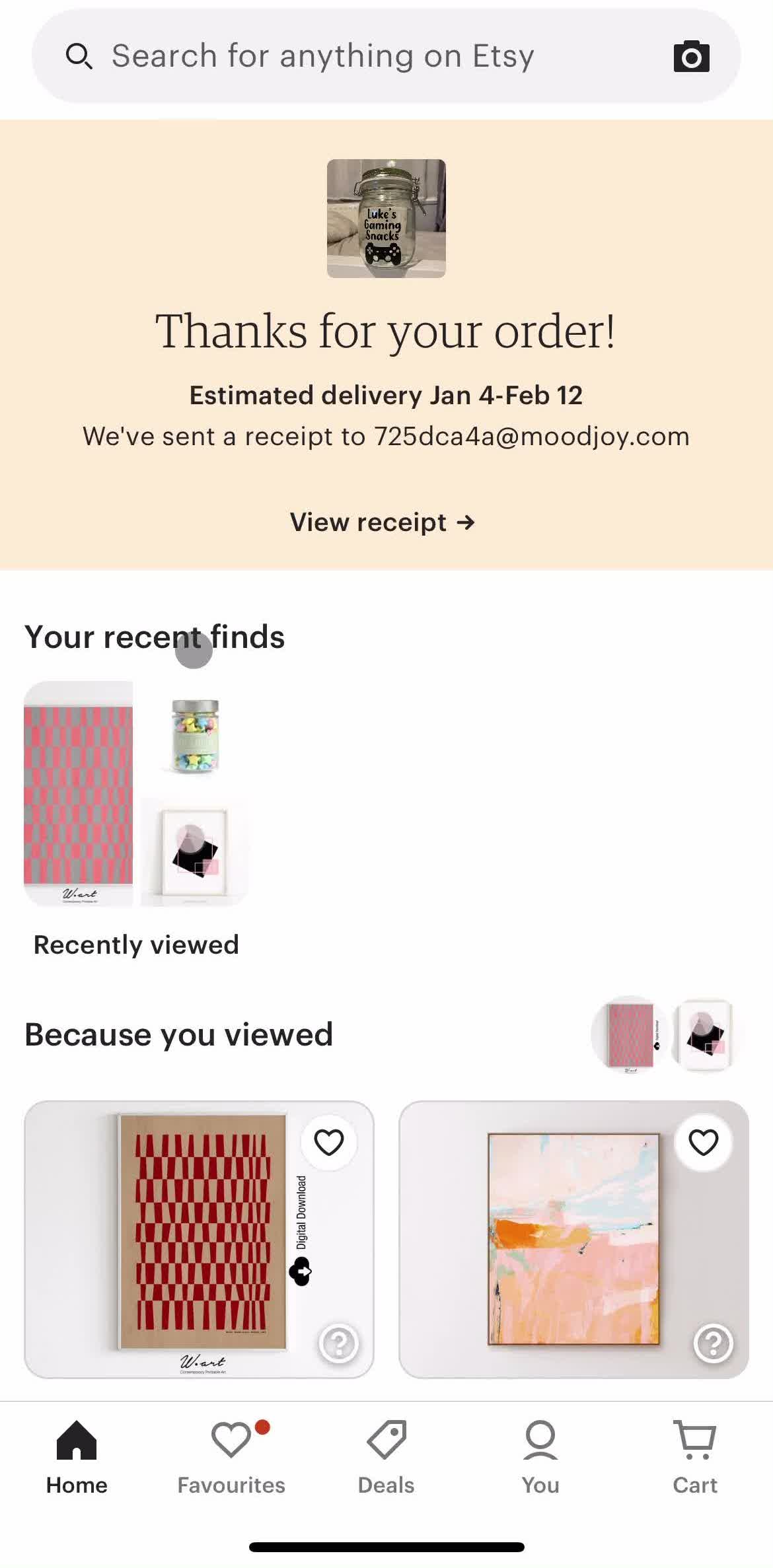 Etsy Home screen in the Help Center flow