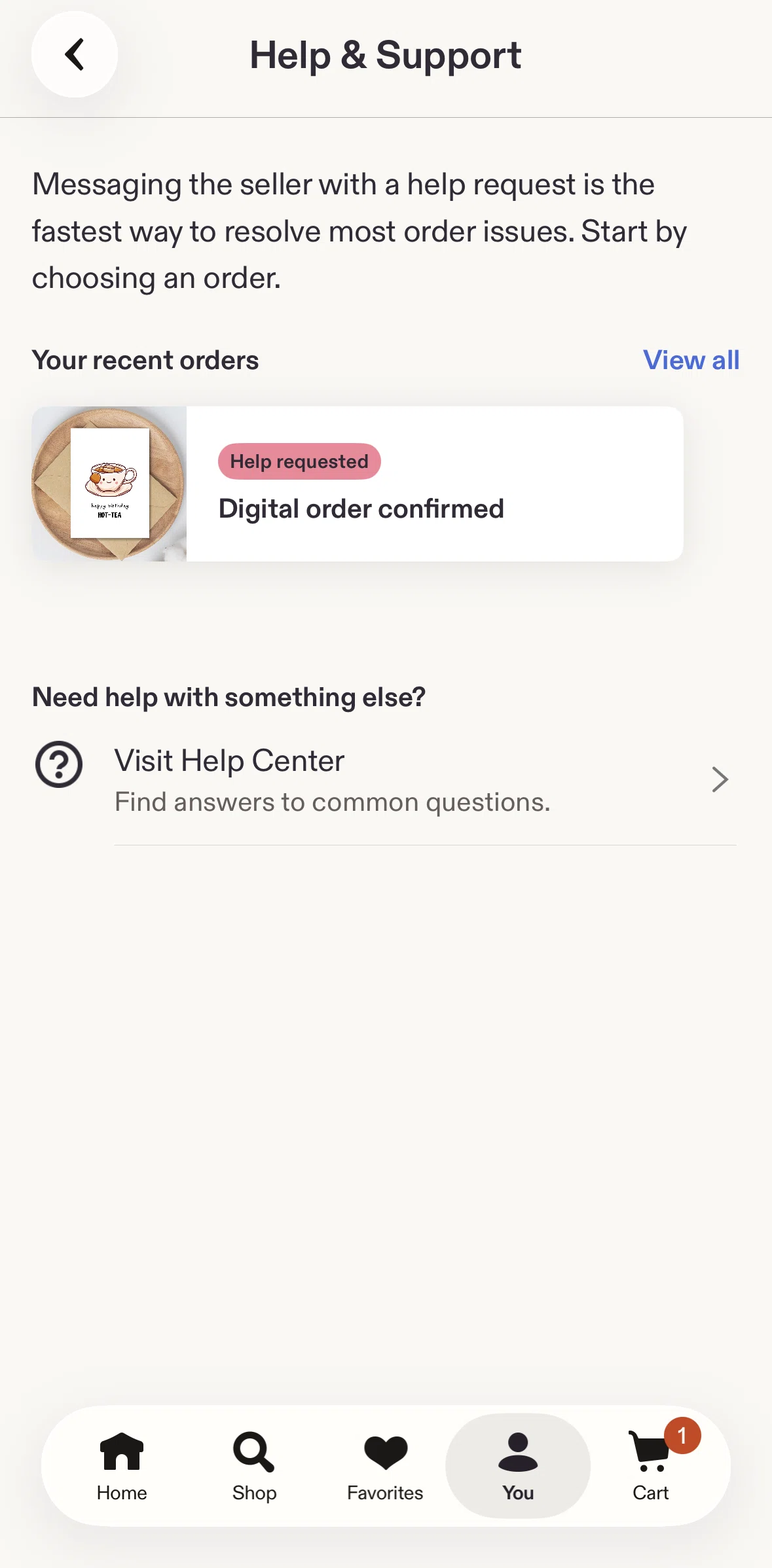 Etsy Screen screen in the Help request detail flow