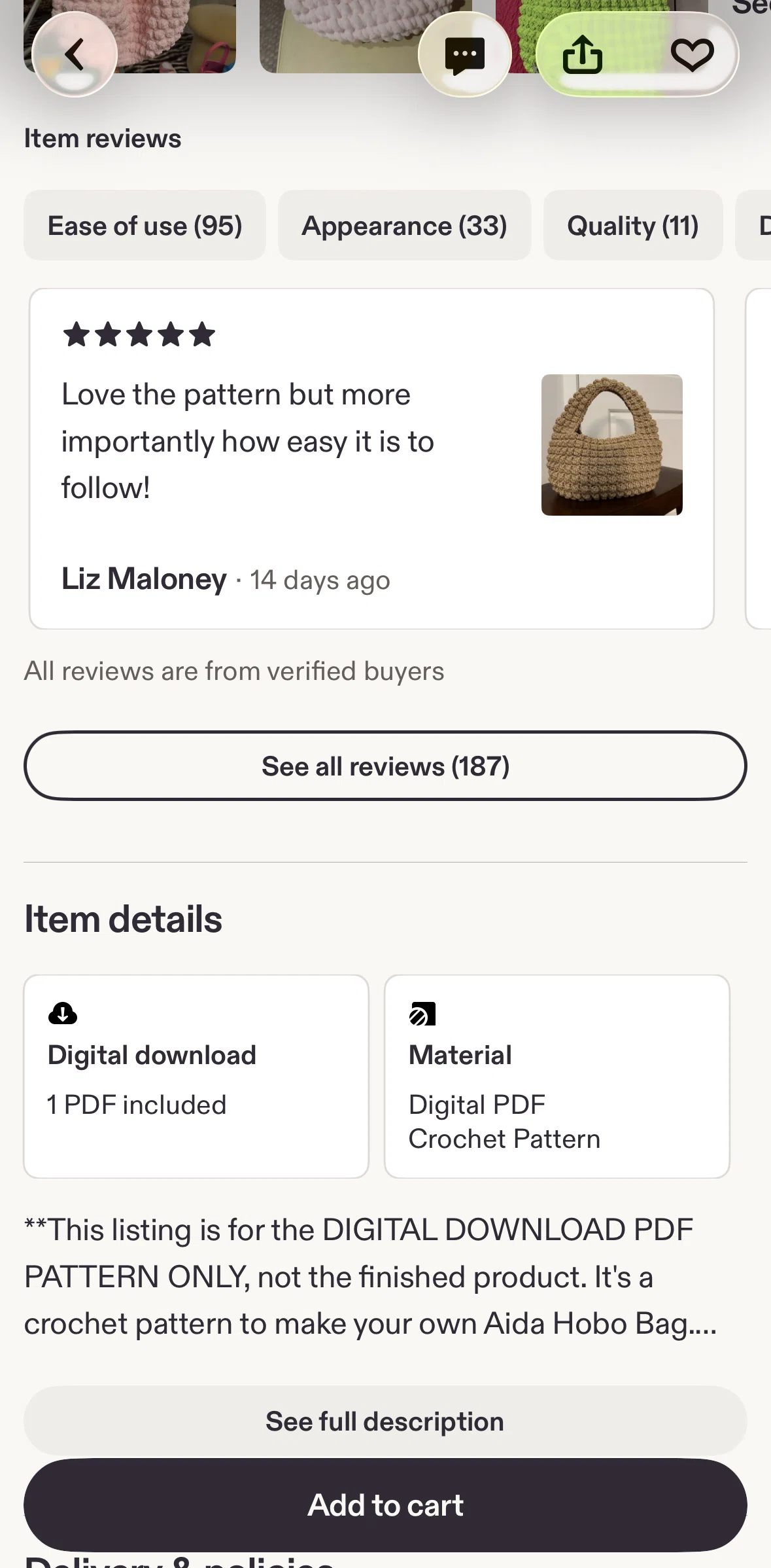 Etsy Screen screen in the Item reviews flow
